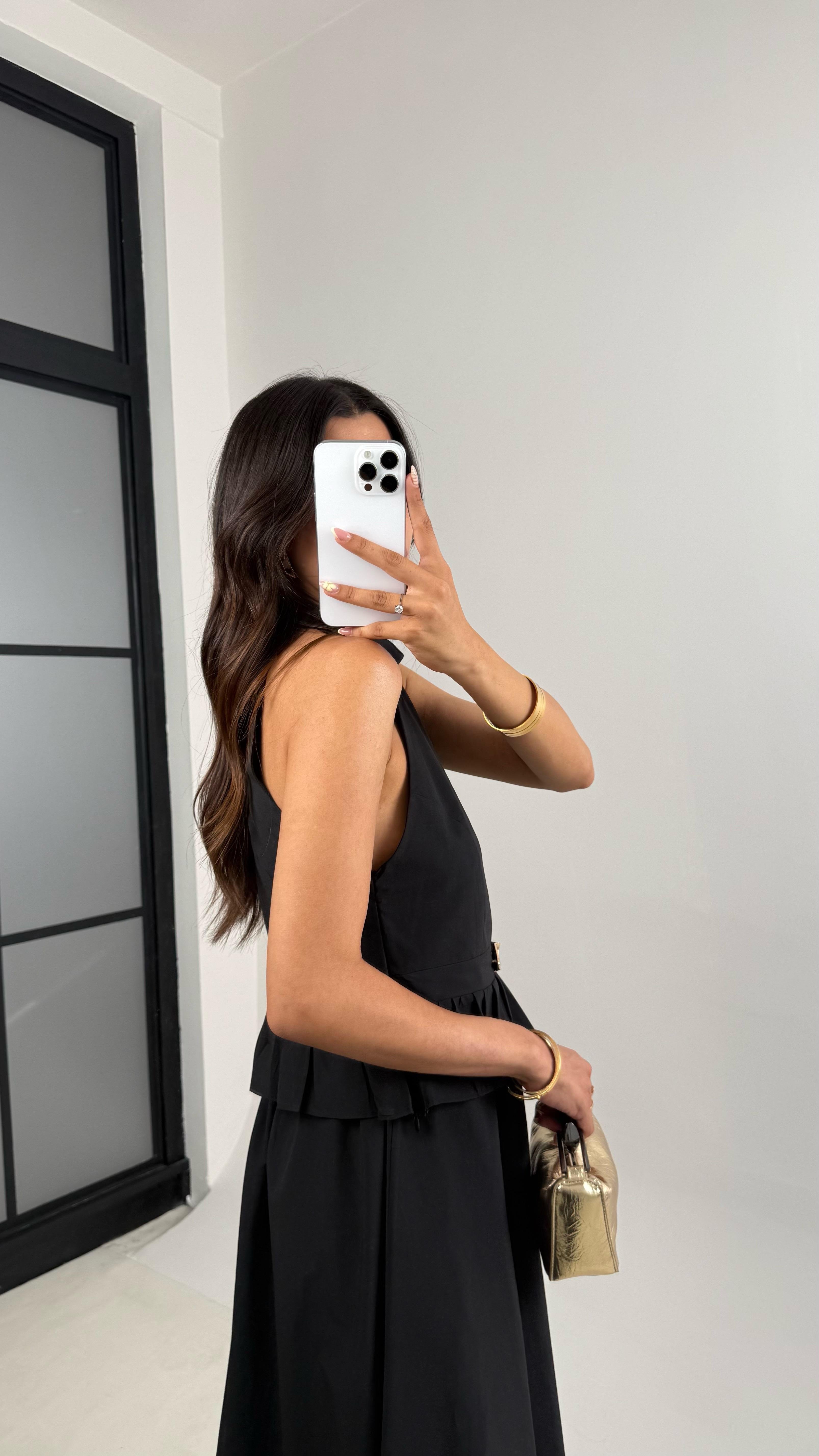 Siyah Gold Toka Detaylı Bluz Beli Lastikli Etek İkili Takım Gaus00678GausTAKIMGU1002561