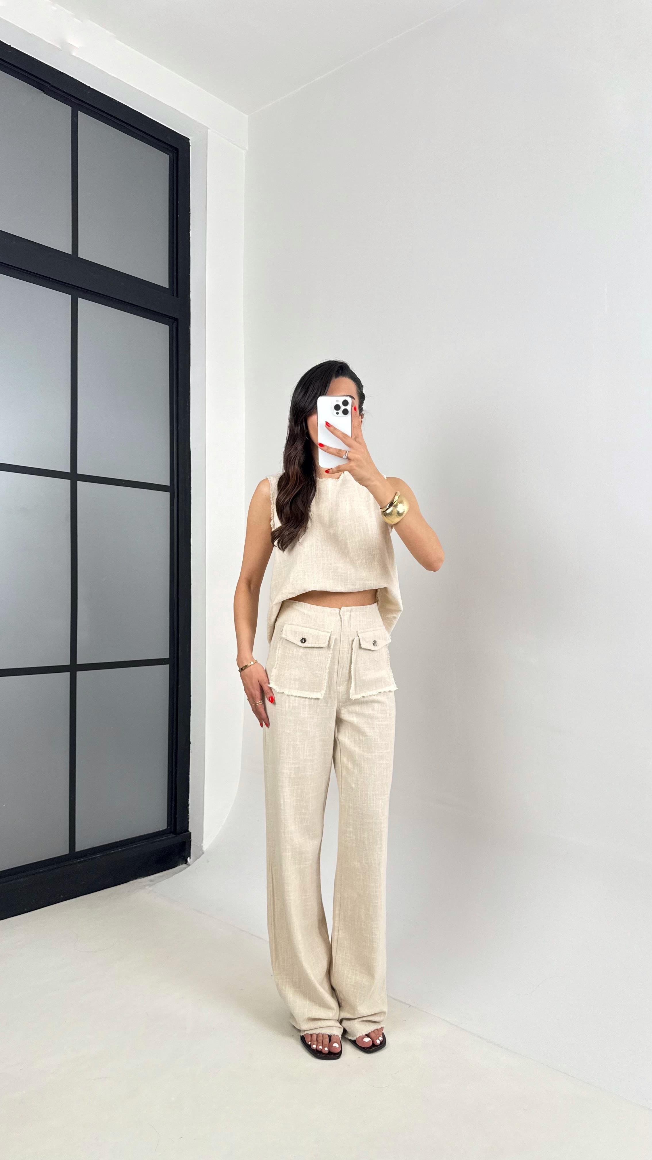 Taş Sıfır Kol Bluz Cep Detaylı Pantolon Keten Takım Gaus00458 GausTAKIMGU1002067