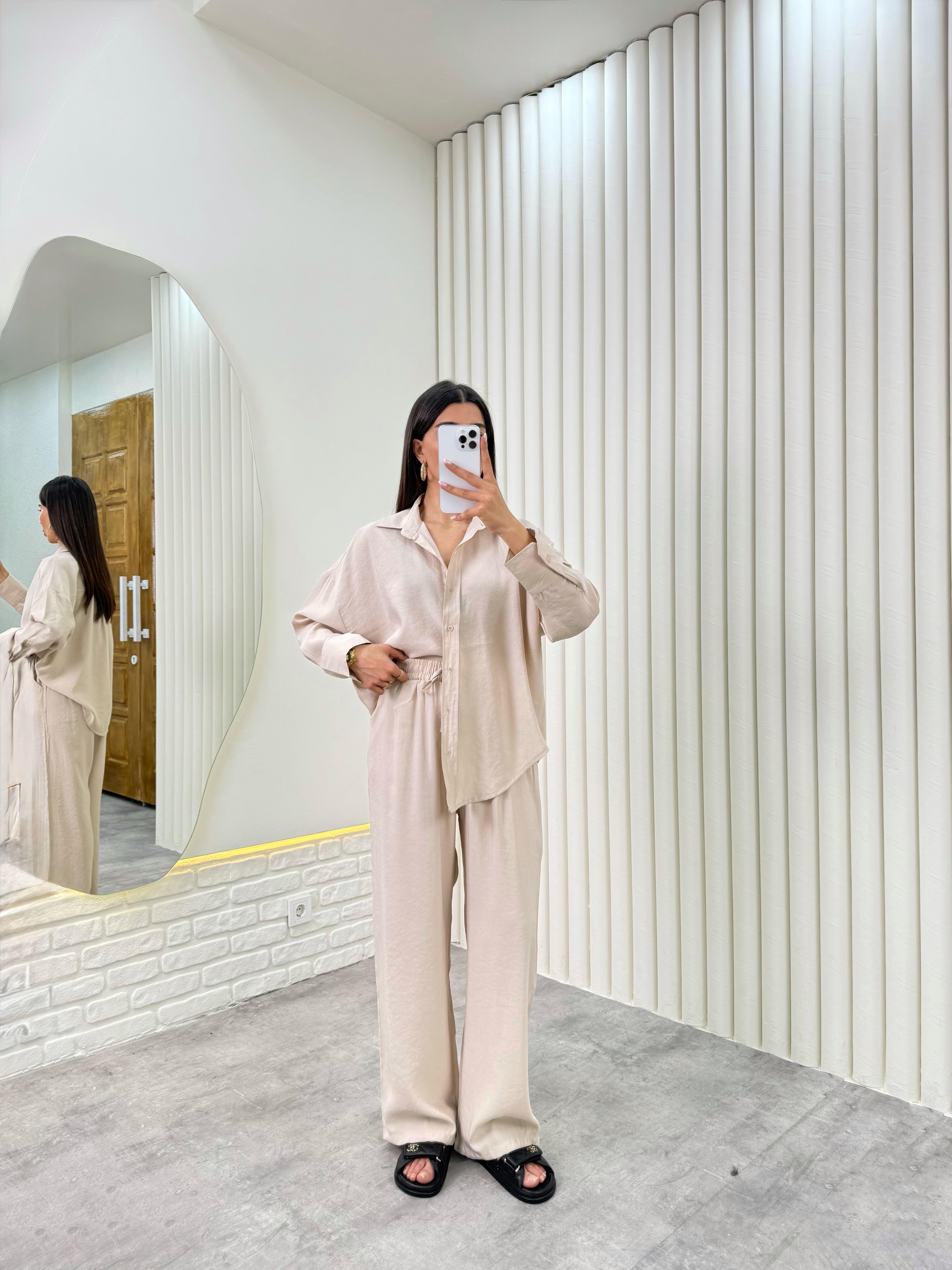 Taş  Gömlek Beli Lastikli Pantolon Premium Tensel Takım Gaus00322GausTAKIMGU1001747