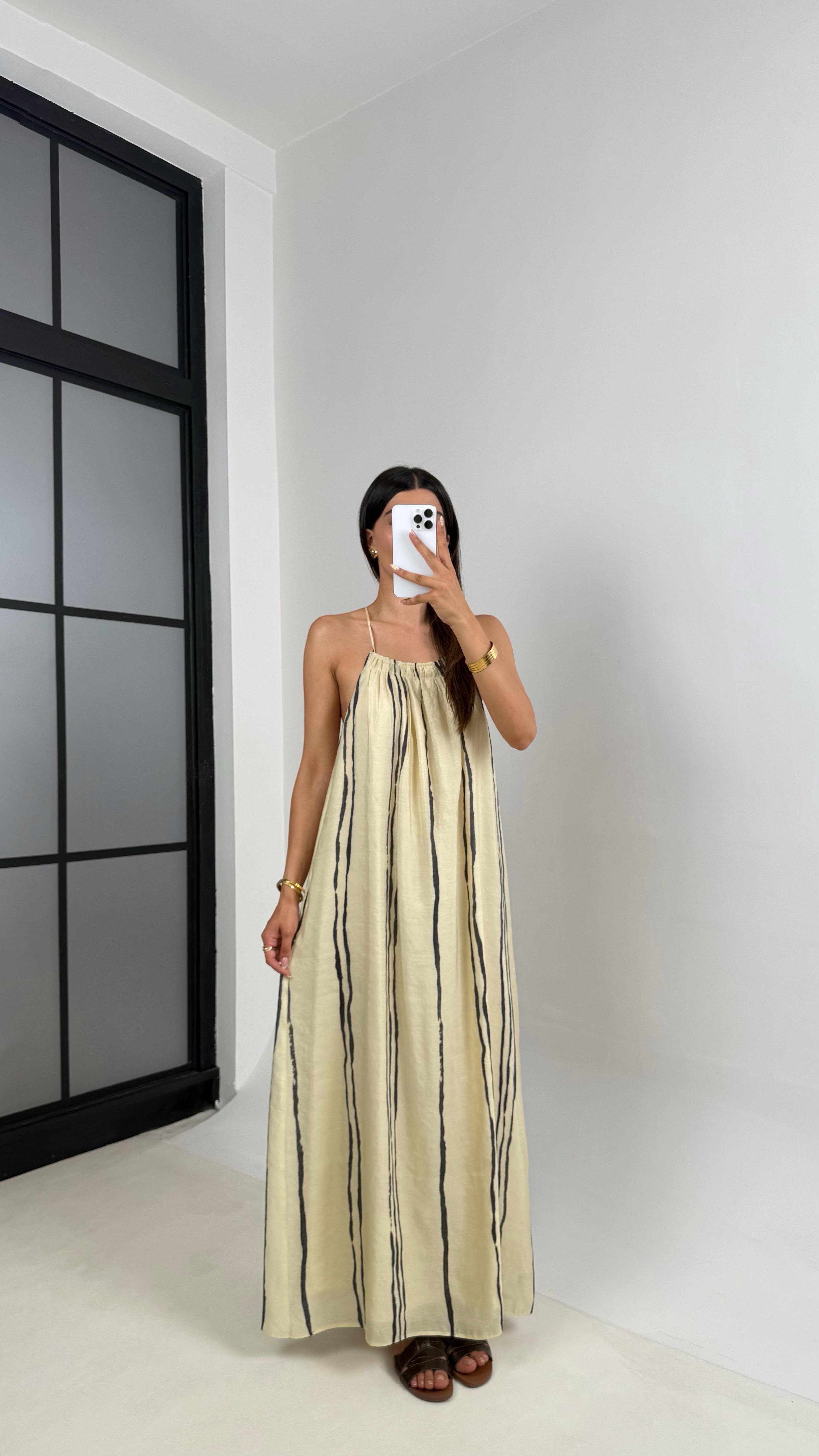 Krem Şerit Detaylı Askılı Astarlı Şifon Elbise Gaus00686GausELBİSEGU1002582