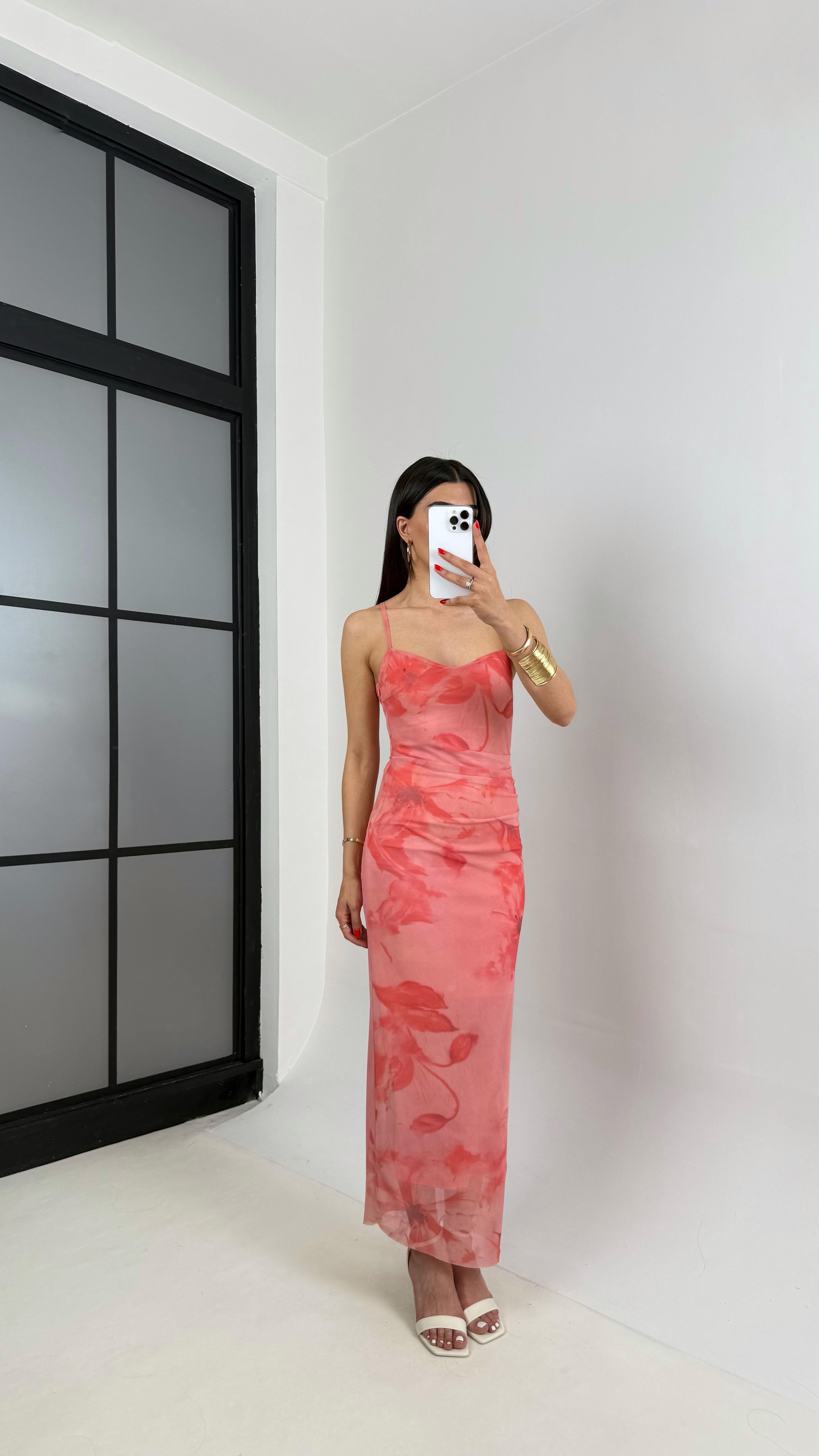 Pembe Çiçek Baskılı Astarlı Ayarlanabilir Askılı Tül Elbise Gaus00291GausELBİSEGU1002068