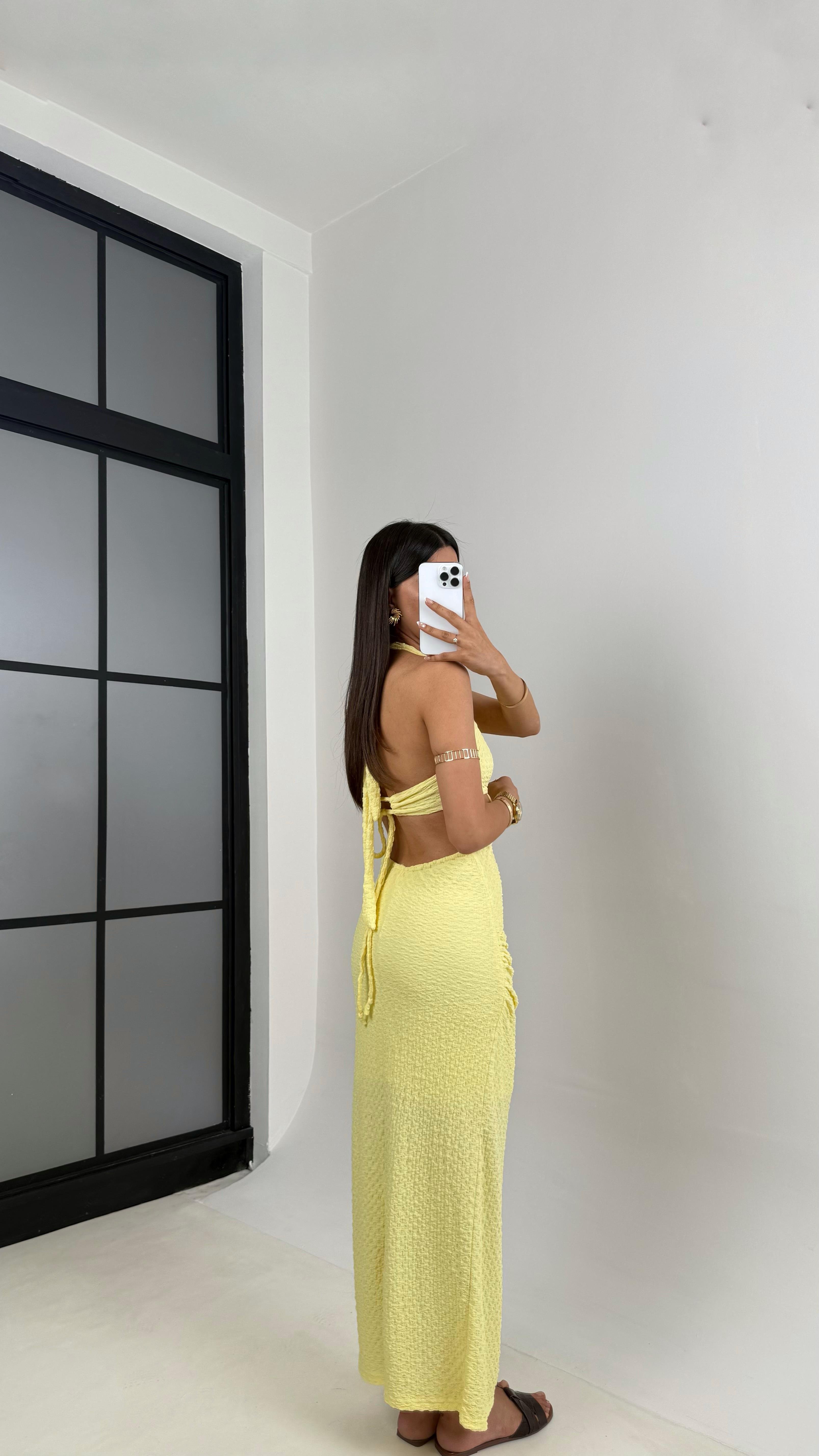 Sarı Boyundan Bağlamalı Astarlı Gold Yıldız Tokalı Dekolteli Bürümcük Elbise Gaus00582GausELBİSEGU1002357