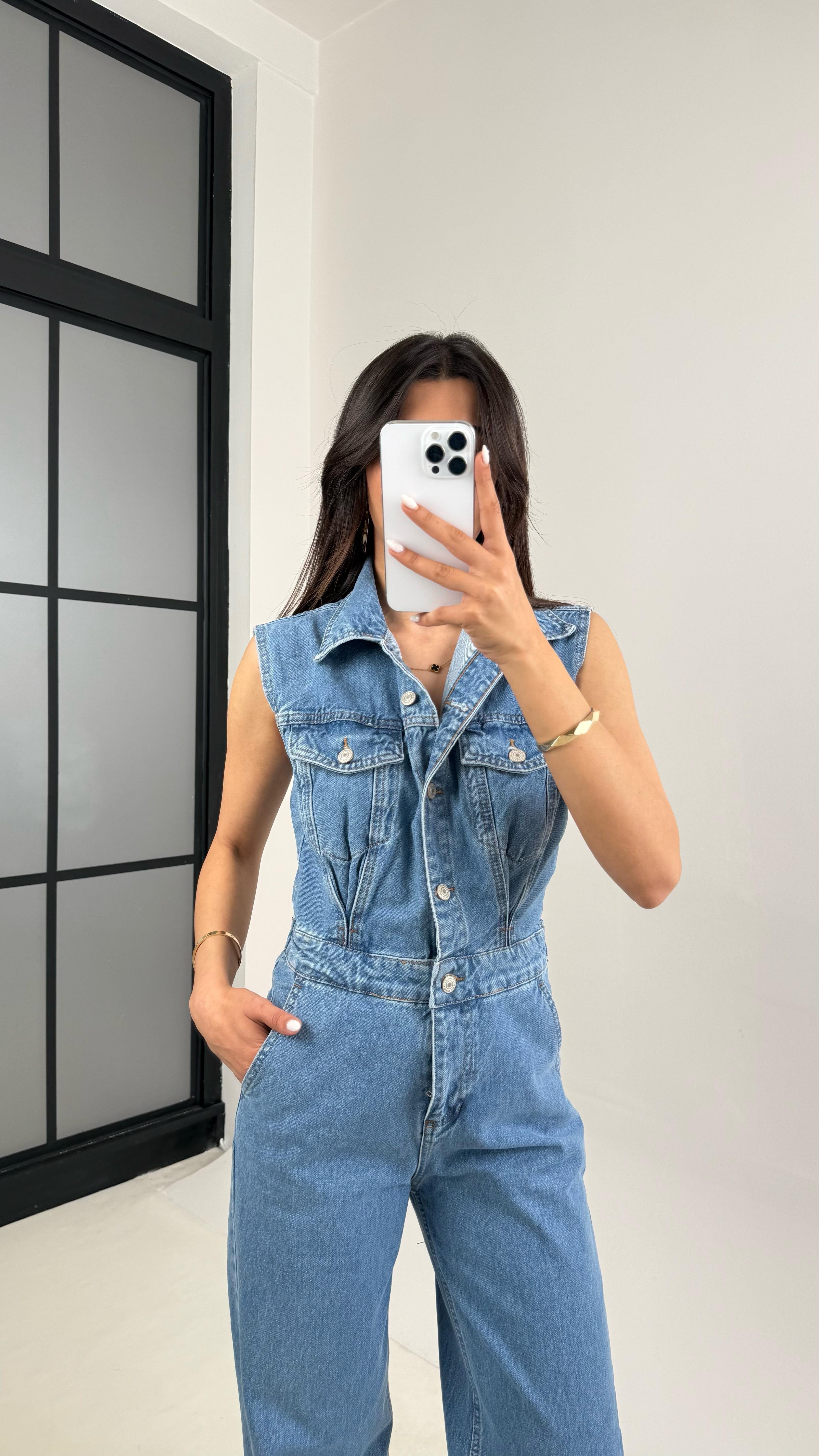 Mavi Sıfır Kol Önü Düğmeli ZR Muadil Denim Tulum Gaus00438GausTULUMGU1002015