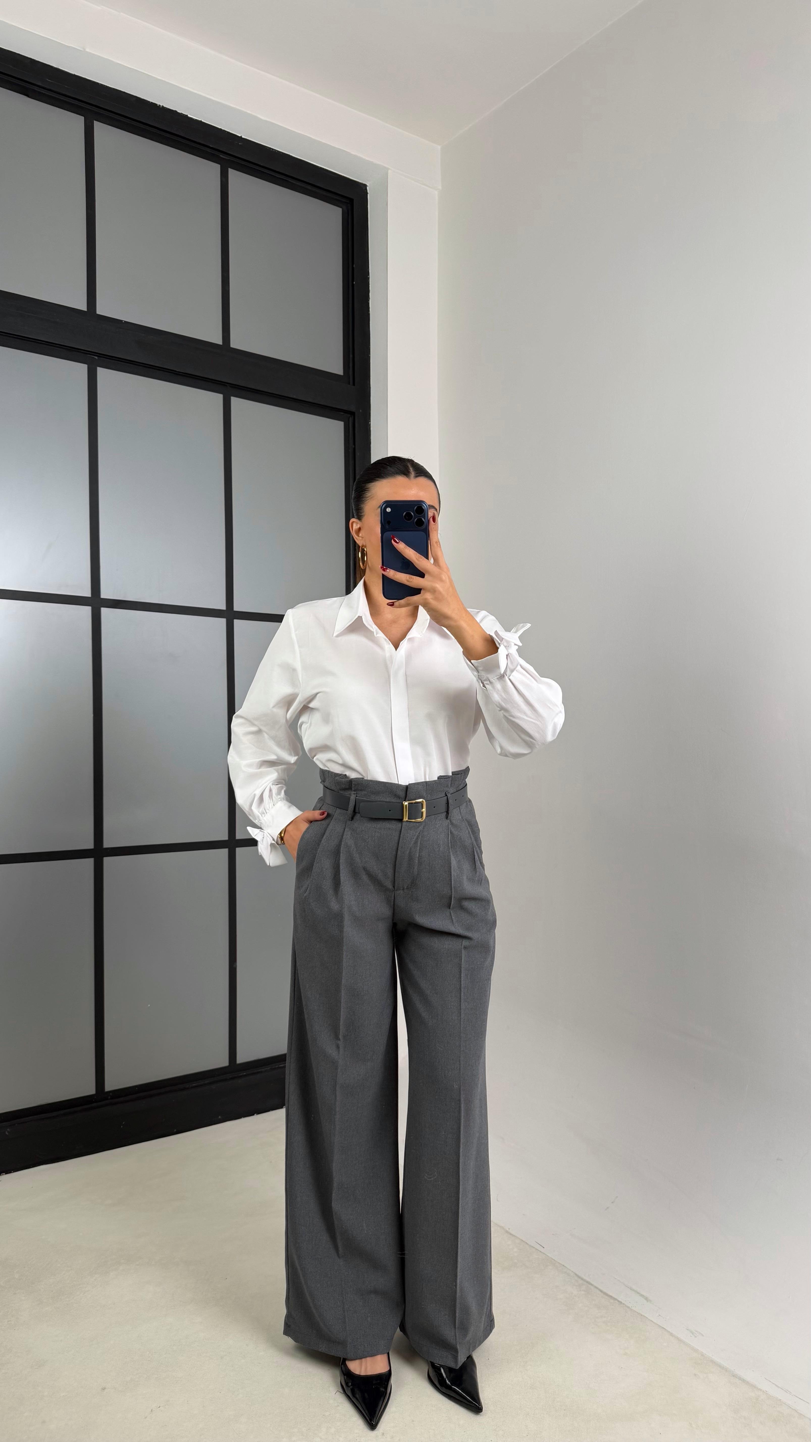 Antrasit Pile Detaylı Kemerli Kumaş Pantolon GAUS-00695GAUSPANTOLONGAUS-00695