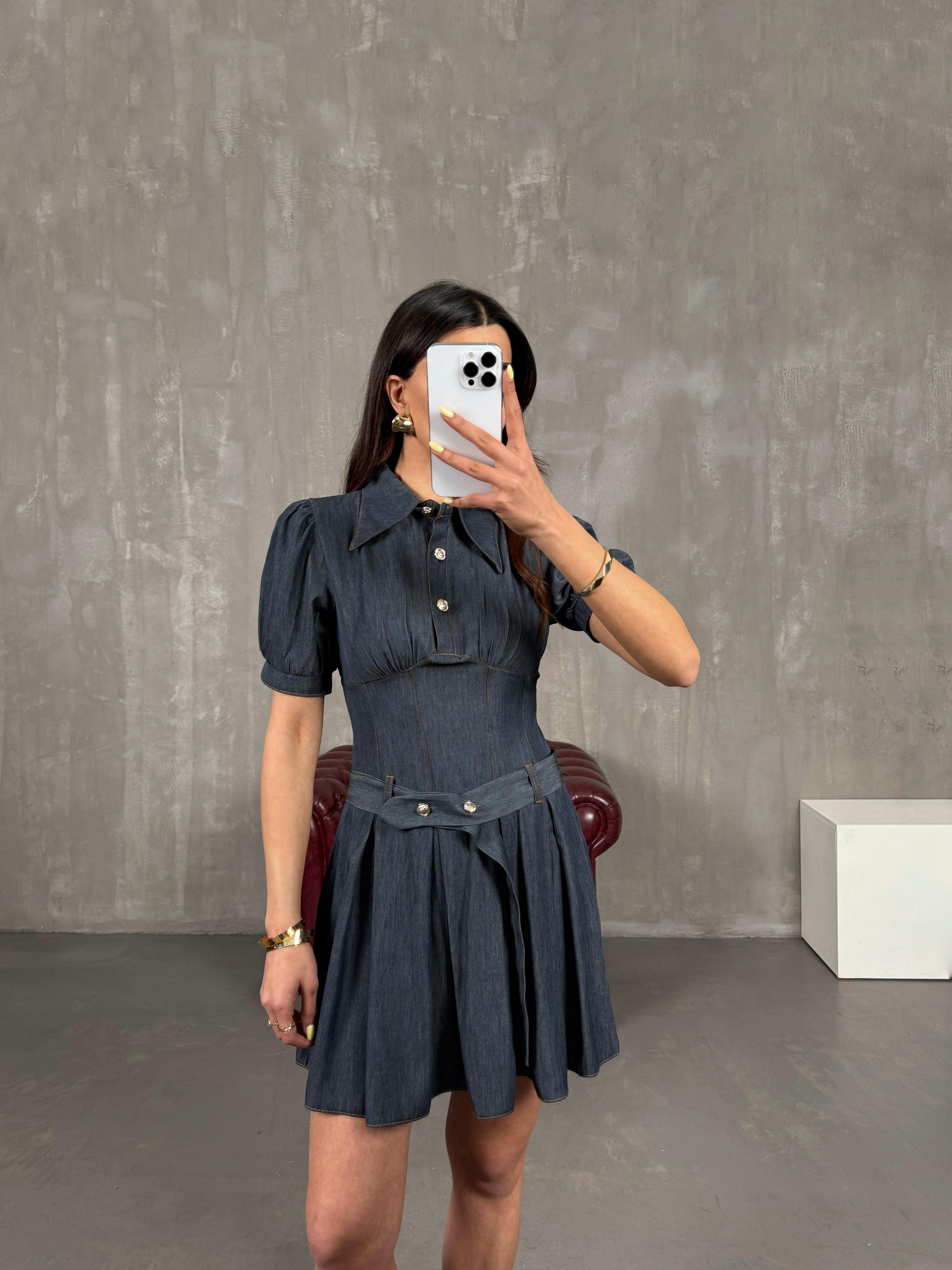 Antrasit Kısa Balon Kollu Kuşaklı İnce Denim Elbise Gaus00149GausELBİSEGU1001347