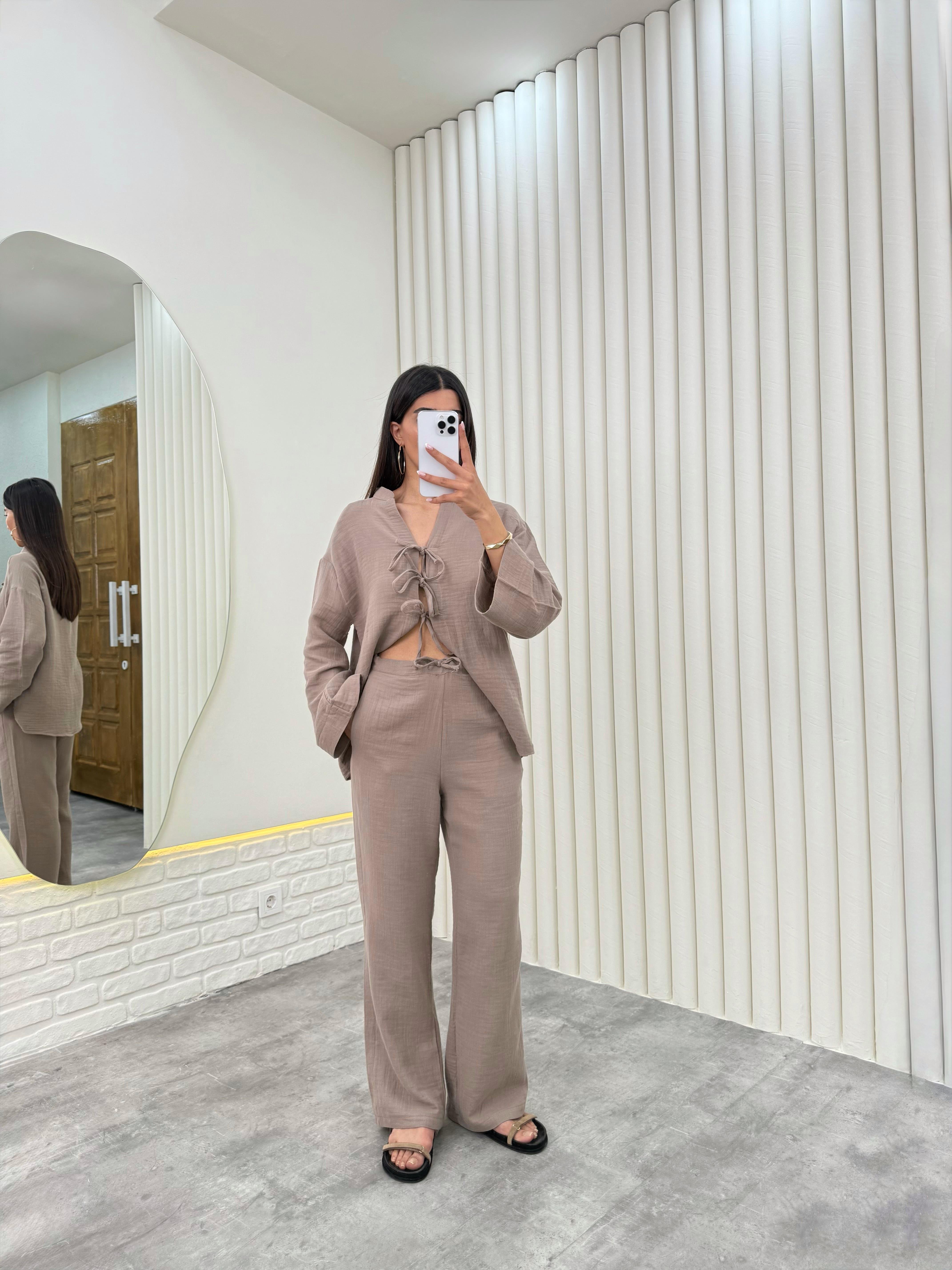 Vizon Önü Bağlamalı Beli Lastikli Müslin Kumaş Takım Gaus00282GausTAKIMGU1001658