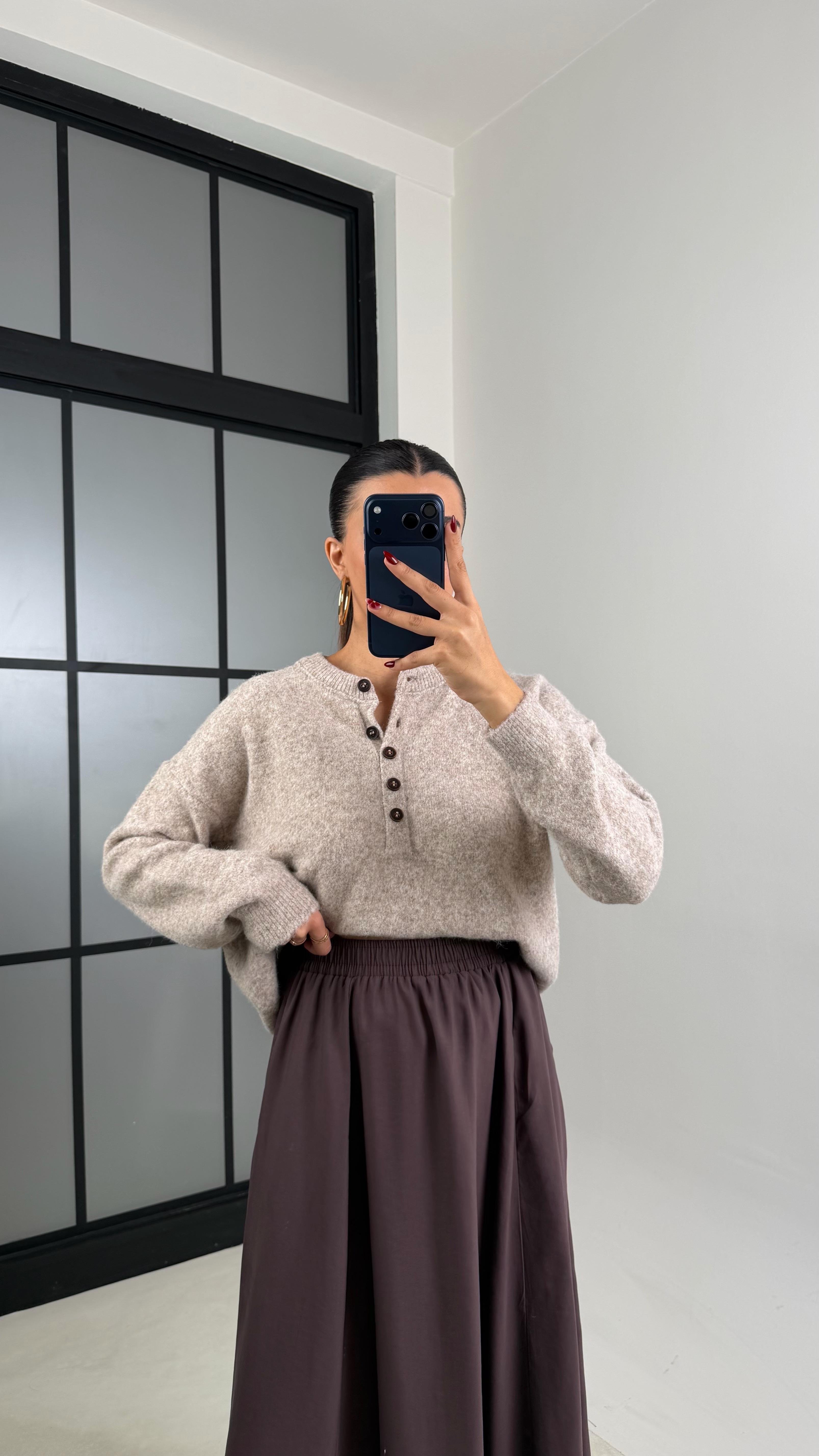 Bej Düğmeli Triko Kazak GAUS-00653GAUS الكنزات GAUS-00653