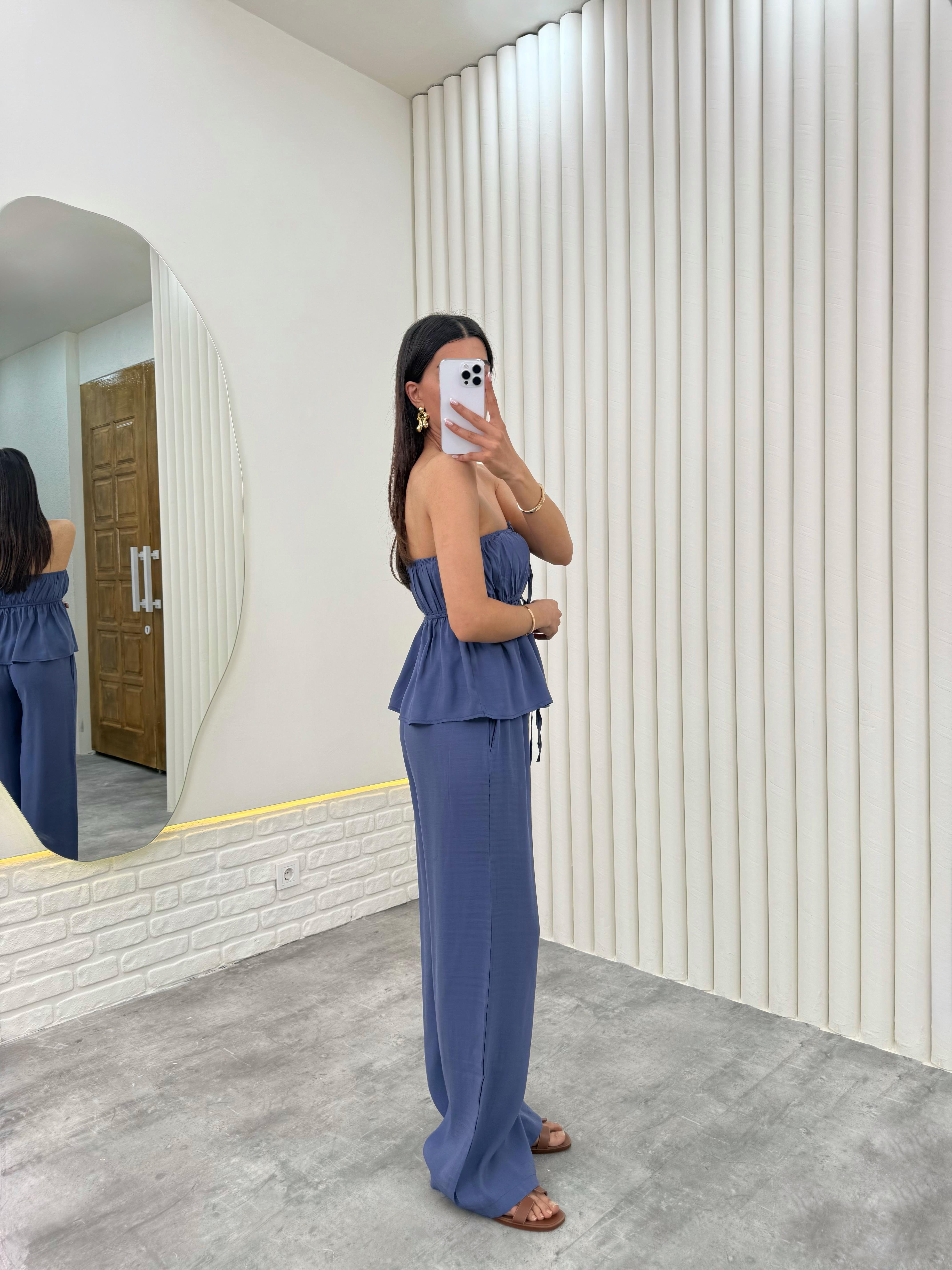 İndigo Straplez Yırtmaçlı Üst İkili Tensel Takım Gaus00275GausTAKIMGU1001640