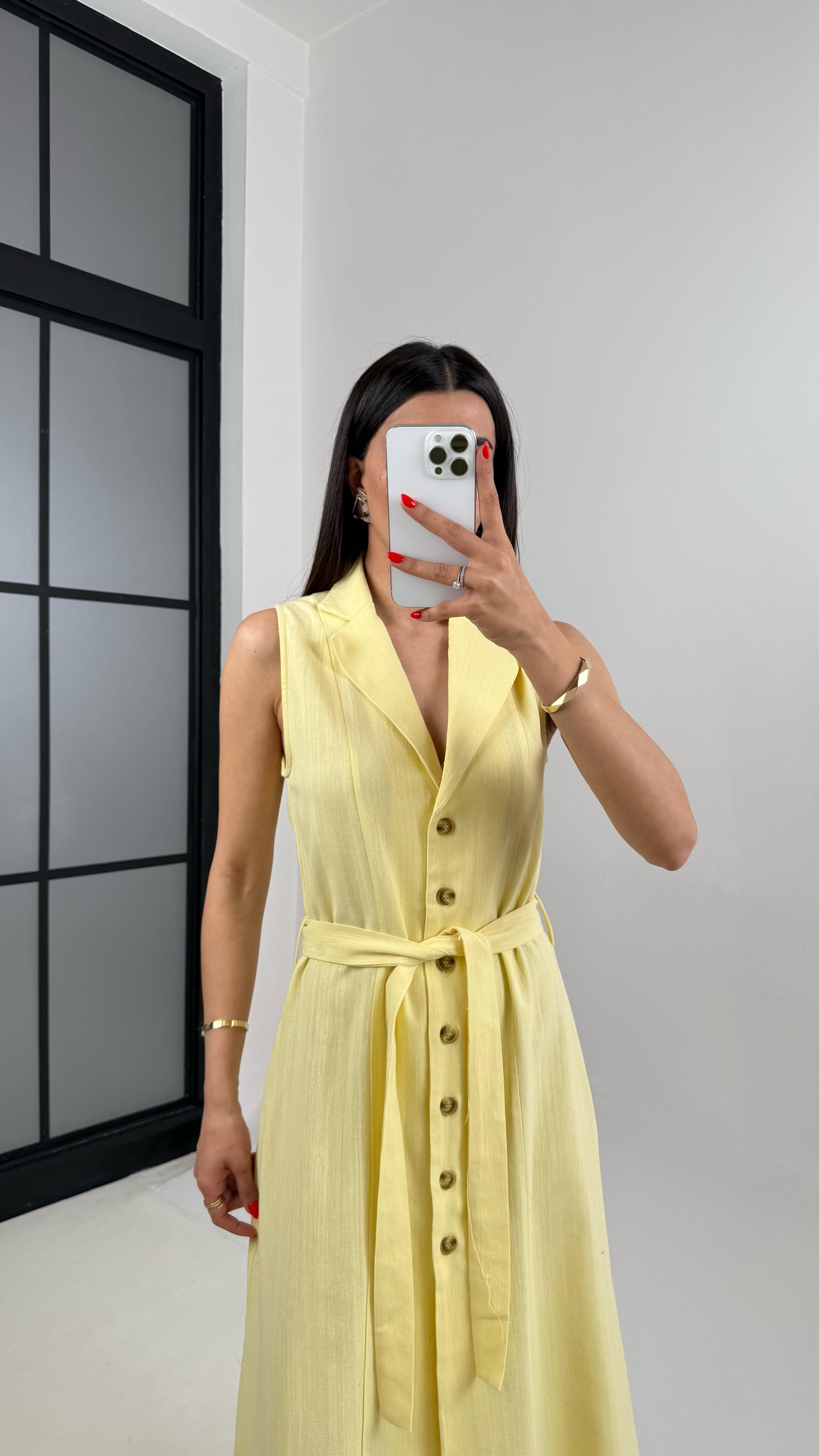 Sarı V Yaka Önü Düğmeli Kuşaklı Keten Elbise Gaus00461 GausELBİSEGU1002074