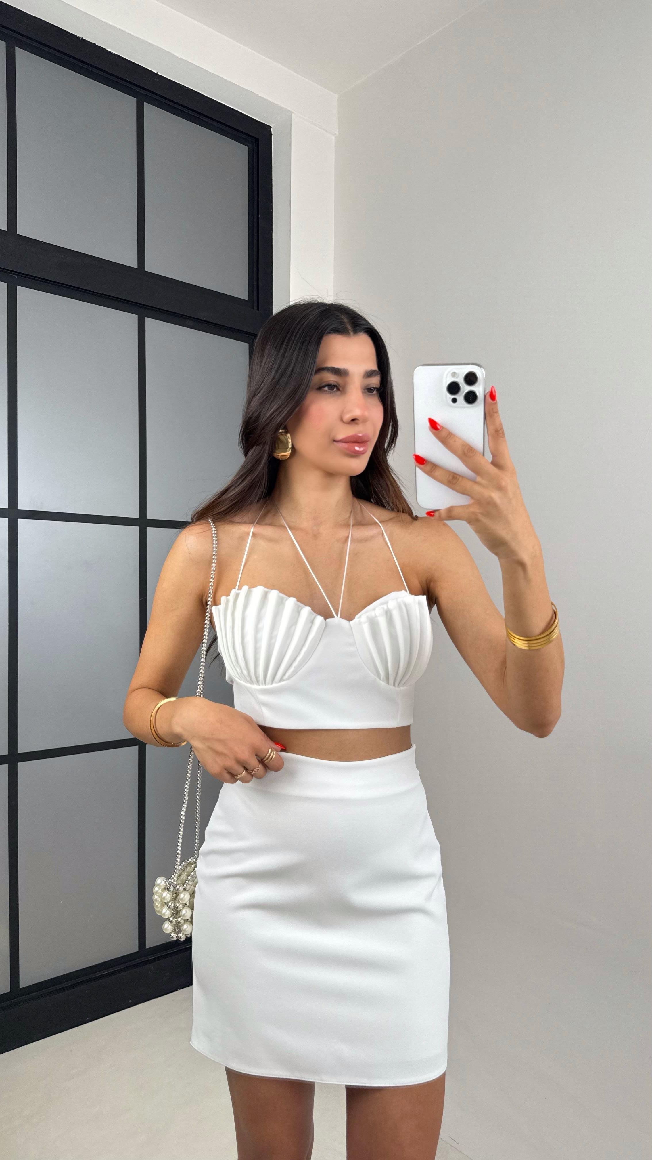 Beyaz Boyundan Bağlamalı Crop Etek İkili Premium Tasarım Takım GAUS-0012GAUSTAKIMGAUS-0012