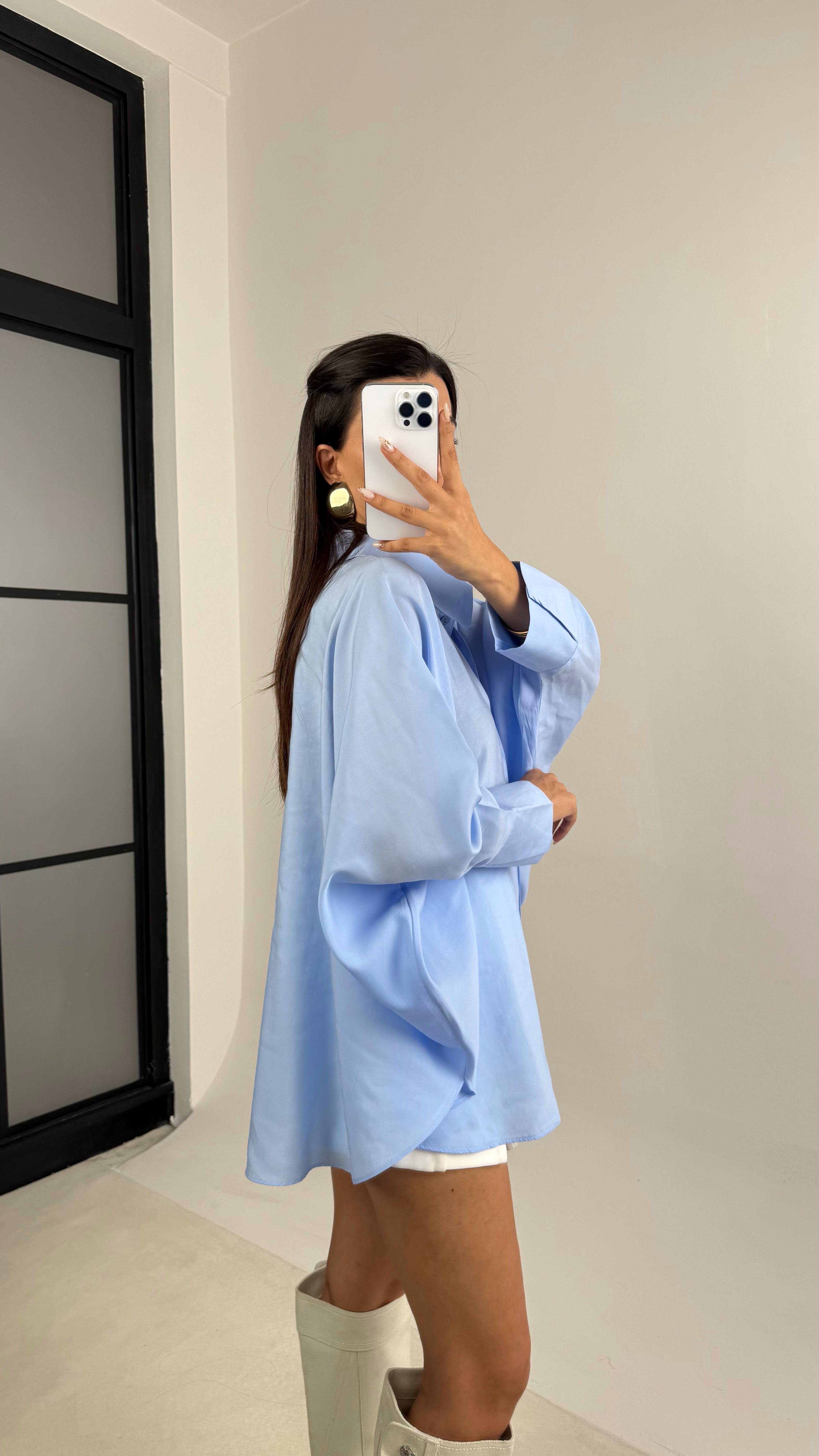 Mavi Yarasa Kol Oversize Tencel Gömlek GAUS-00117GAUS القمصان GAUS-00117