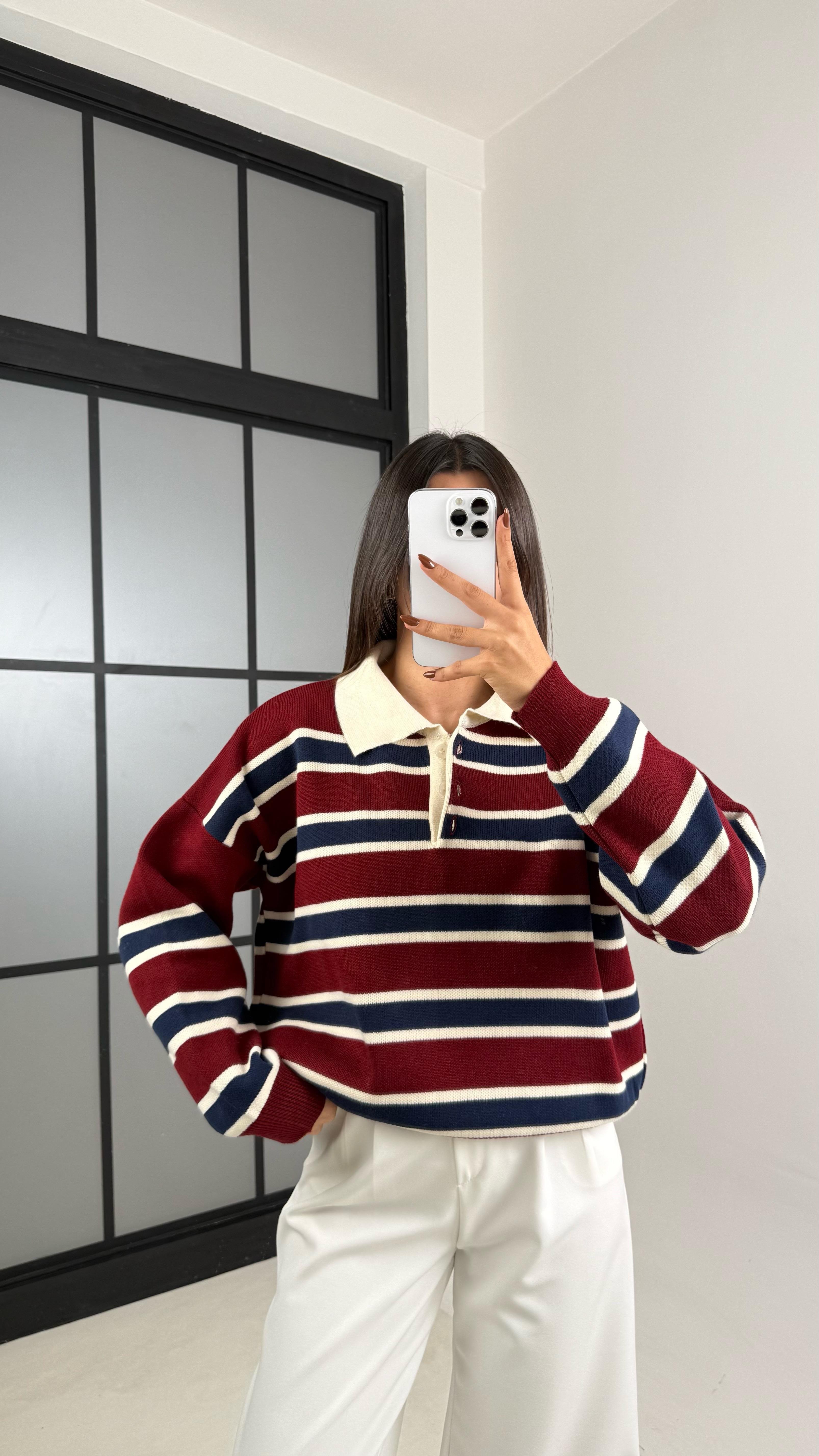 Bordo Çizgili Polo Yaka Düğmeli Kazak GAUS-00115GAUS الكنزات GAUS-00115