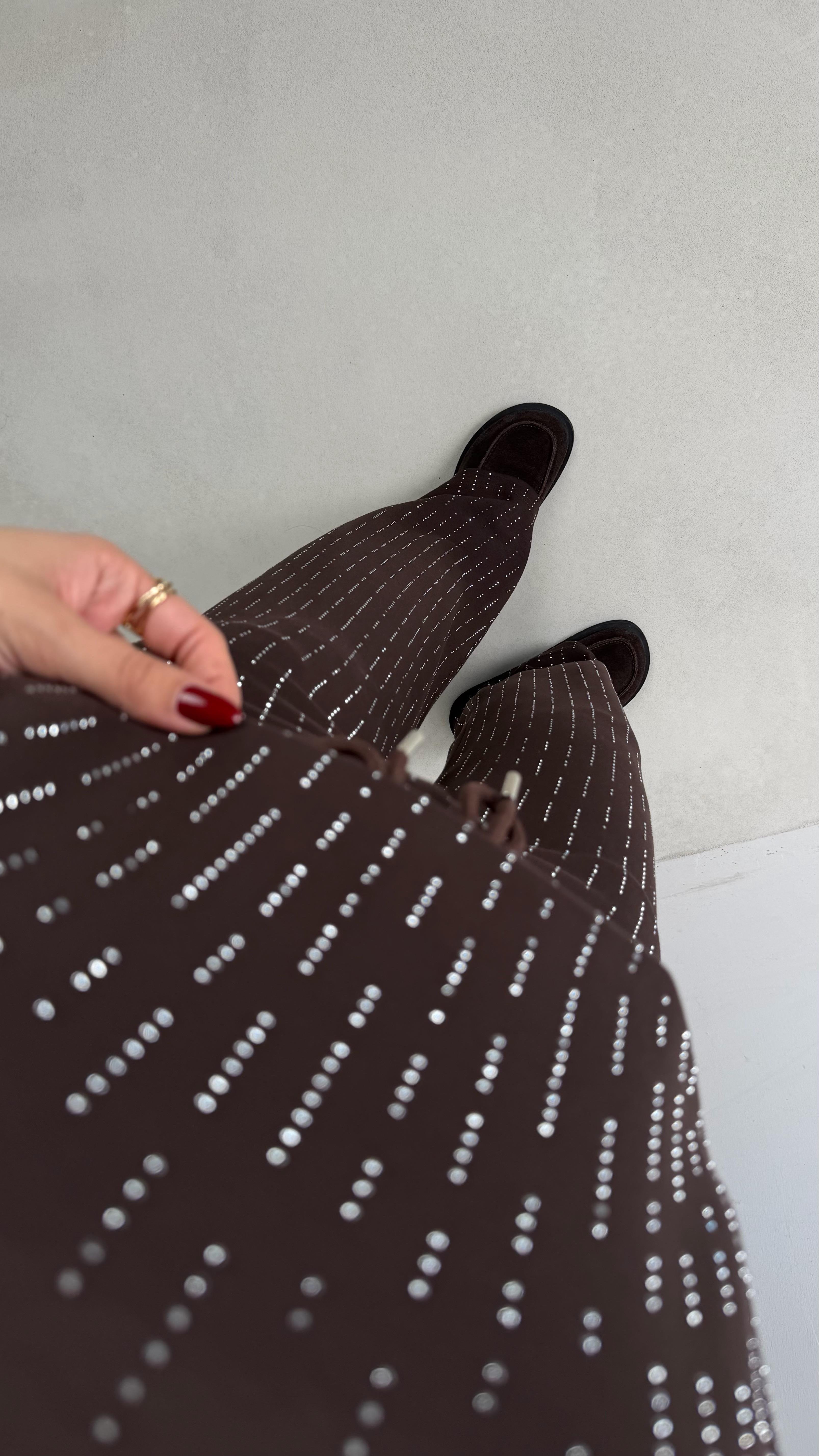 Kahve Kazak Beli Lastikli Pantolon Taş Detaylı Tasarım İkili Modal Takım GAUS-00674GAUSTAKIMGAUS-00674