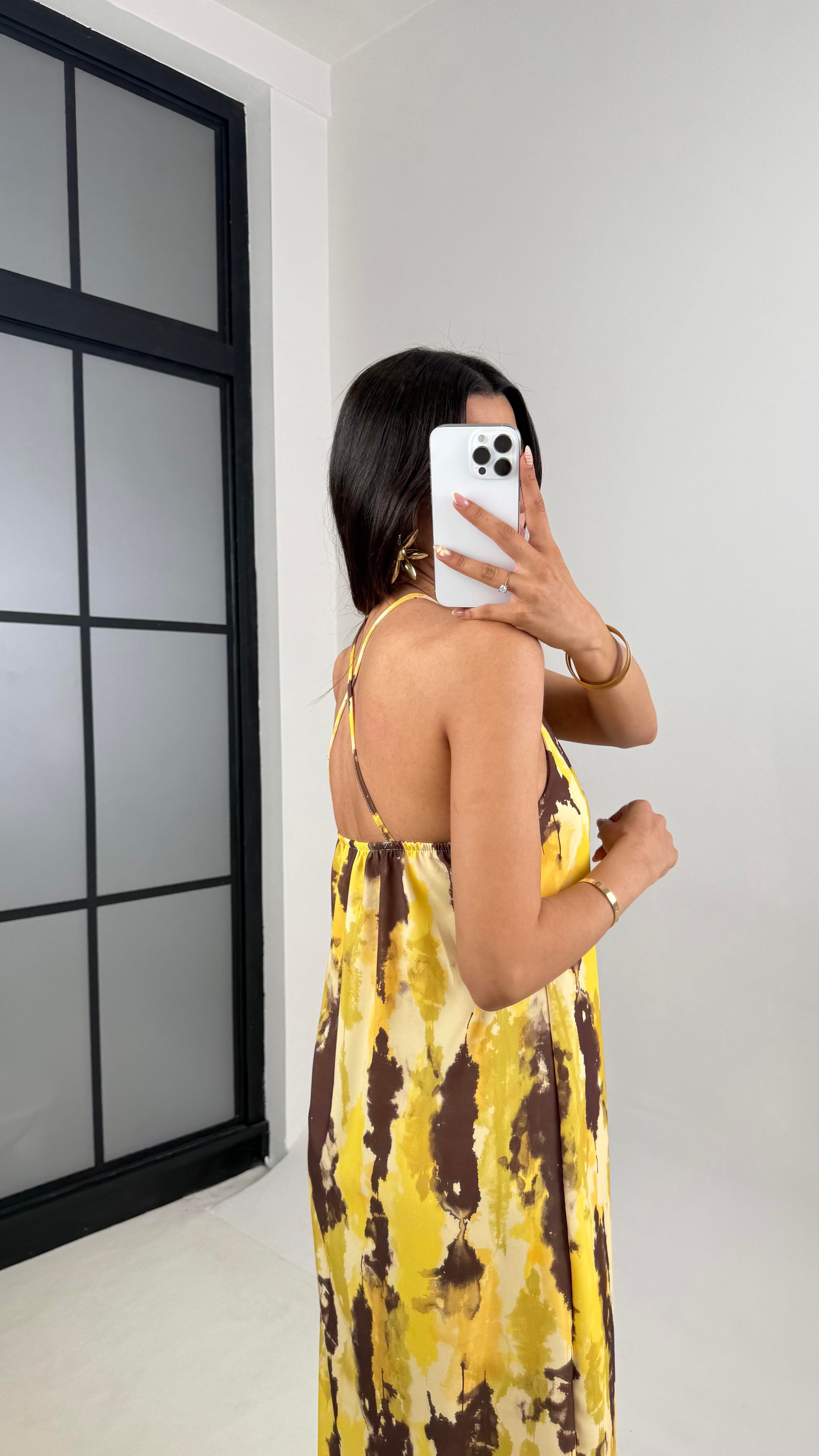 Sarı Kahve Desenli Askılı Tencel Elbise Gaus00654GausELBİSEGU1002518