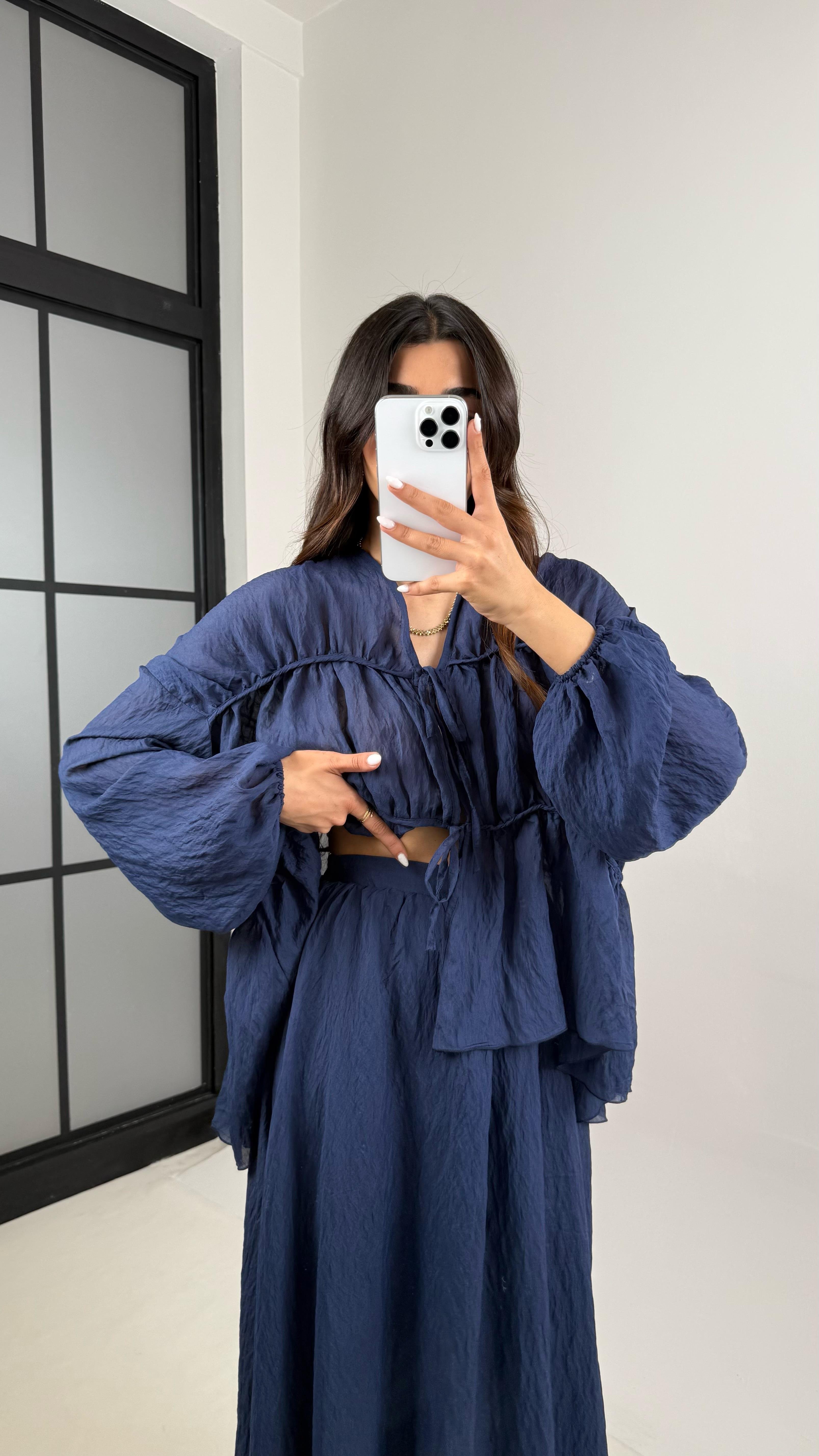 Lacivert Gipeli Önden Bağlamalı Üst Astarlı Etek İkili Kırışık Kumaş Takım Gaus00426GausTAKIMGU1001996