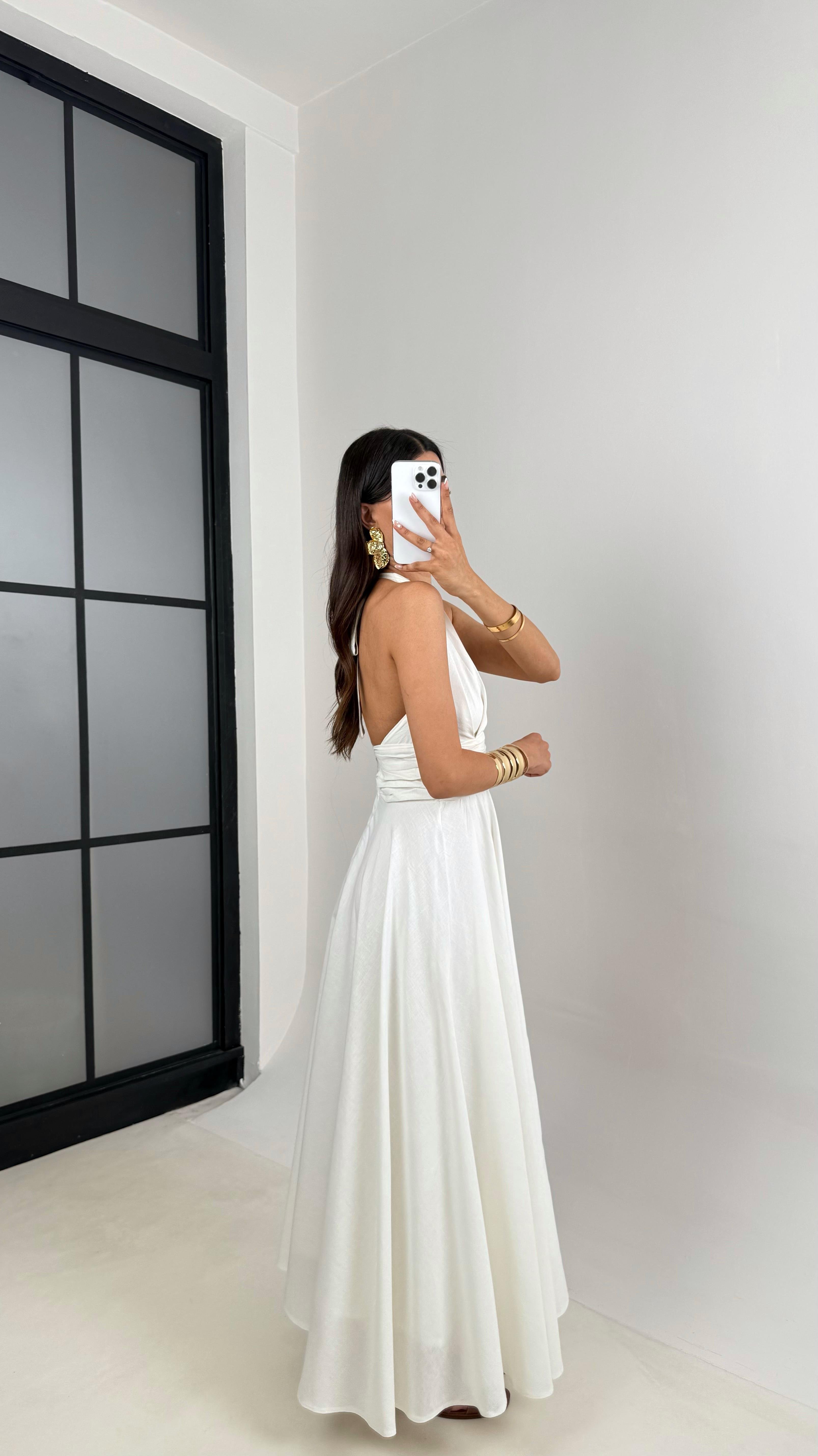 Beyaz Boyundan Bağlamalı Astarlı Keten Elbise Gaus00627GausELBİSEGU1002465