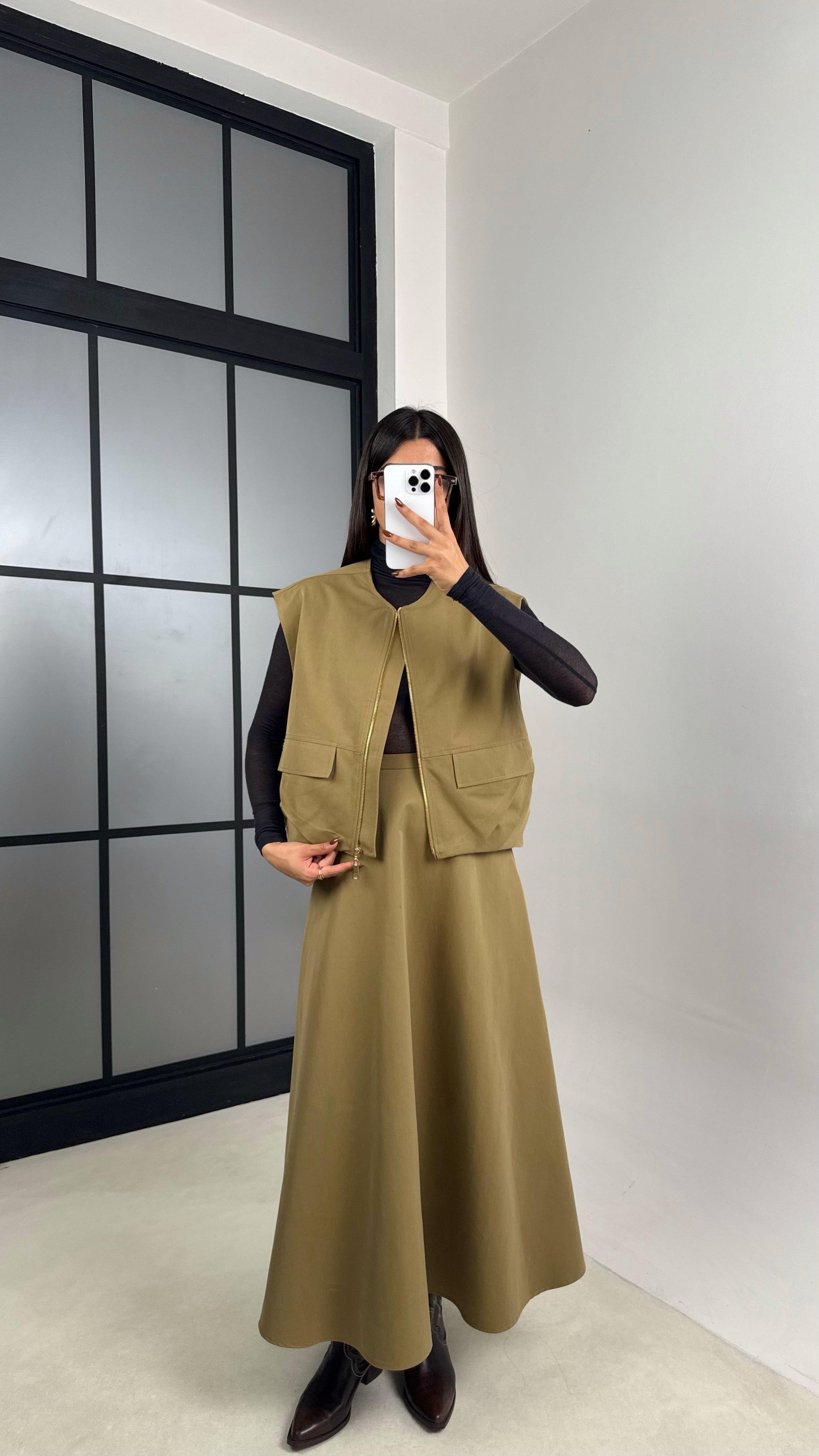 Yeşil Astarlı Cep Detaylı Yelek Etek İkili Premium Takım GAUS-00181GAUSTAKIMGAUS-00181