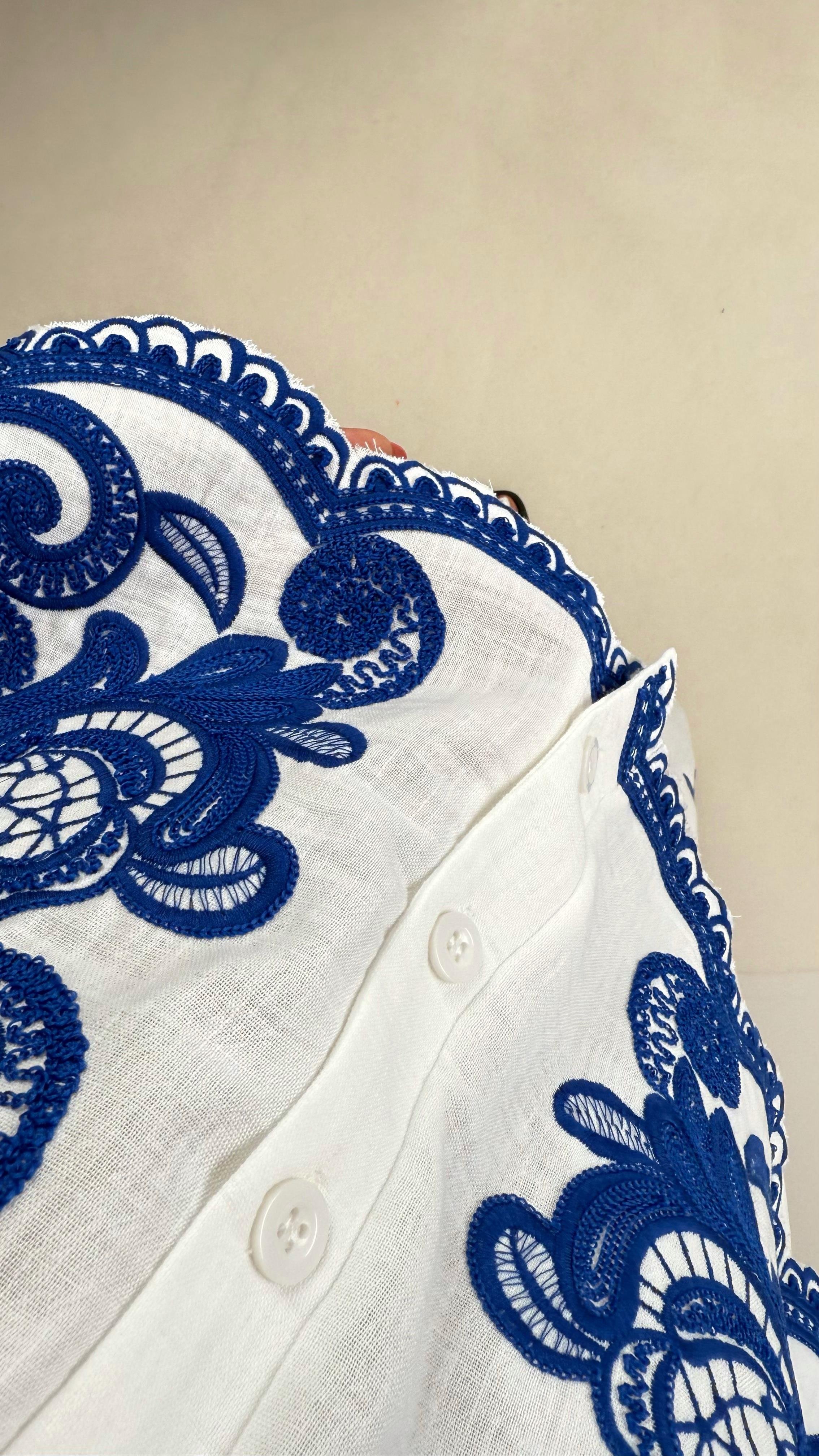 Beyaz Mavi Çiçek Nakışlı Gömlek Etek Keten Takım Gaus00455GausTAKIMGU1002062