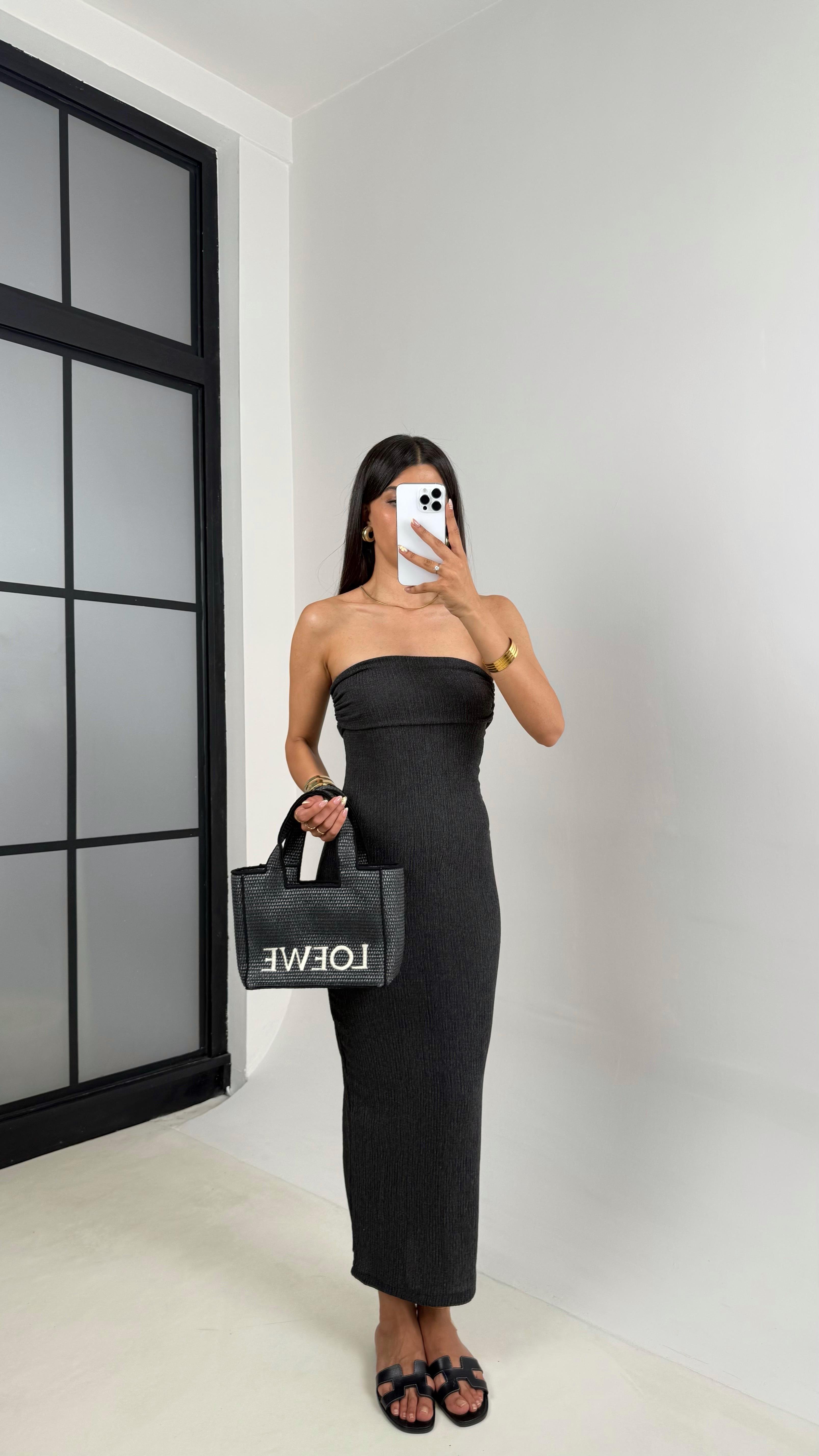 Antrasit Straplez Yırtmaçlı Bürümcük Elbise Gaus00645GausELBİSEGU1002497