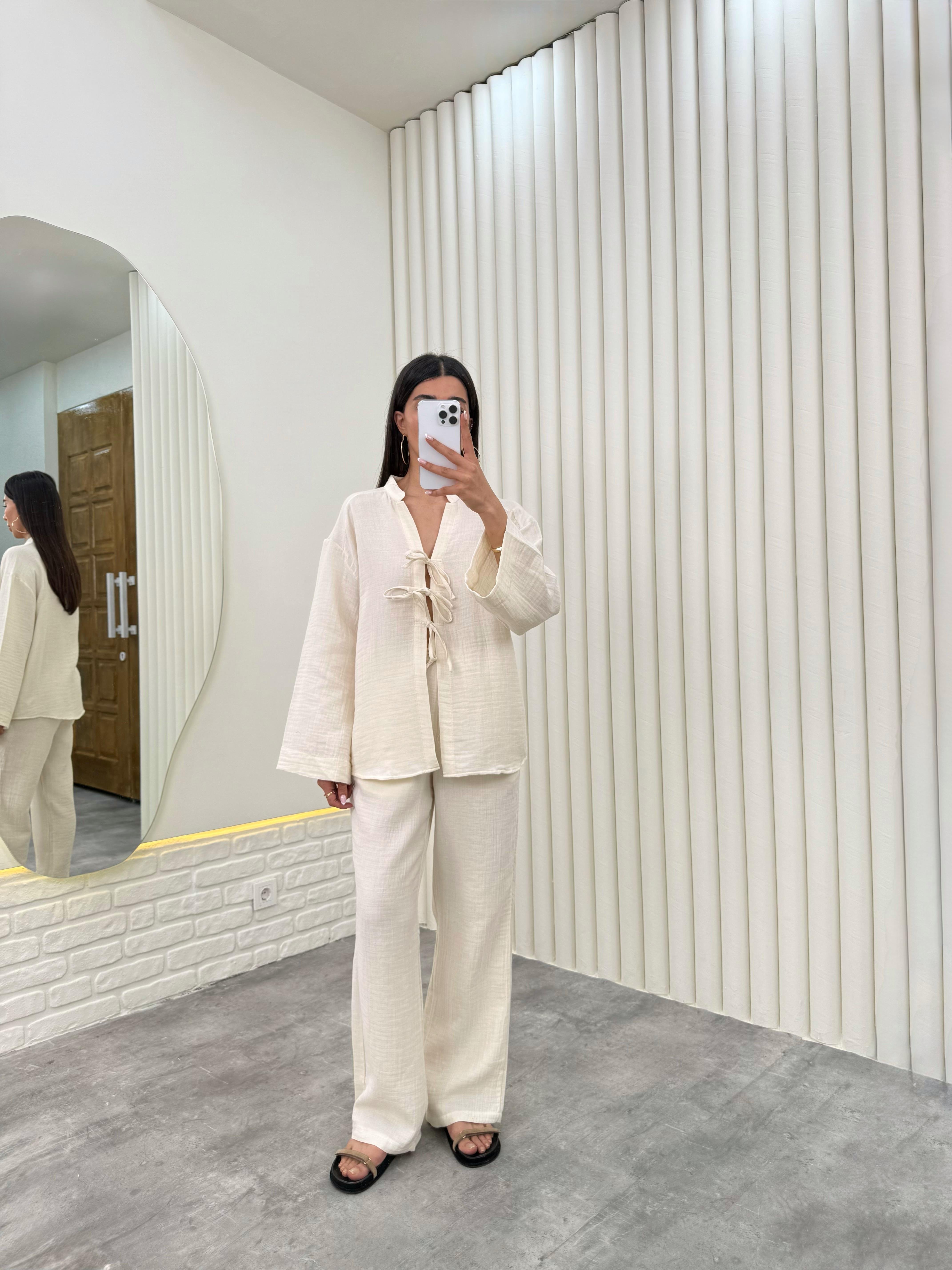 Ekru Önü Bağlamalı Beli Lastikli Müslin Kumaş Takım Gaus00282GausTAKIMGU1001656