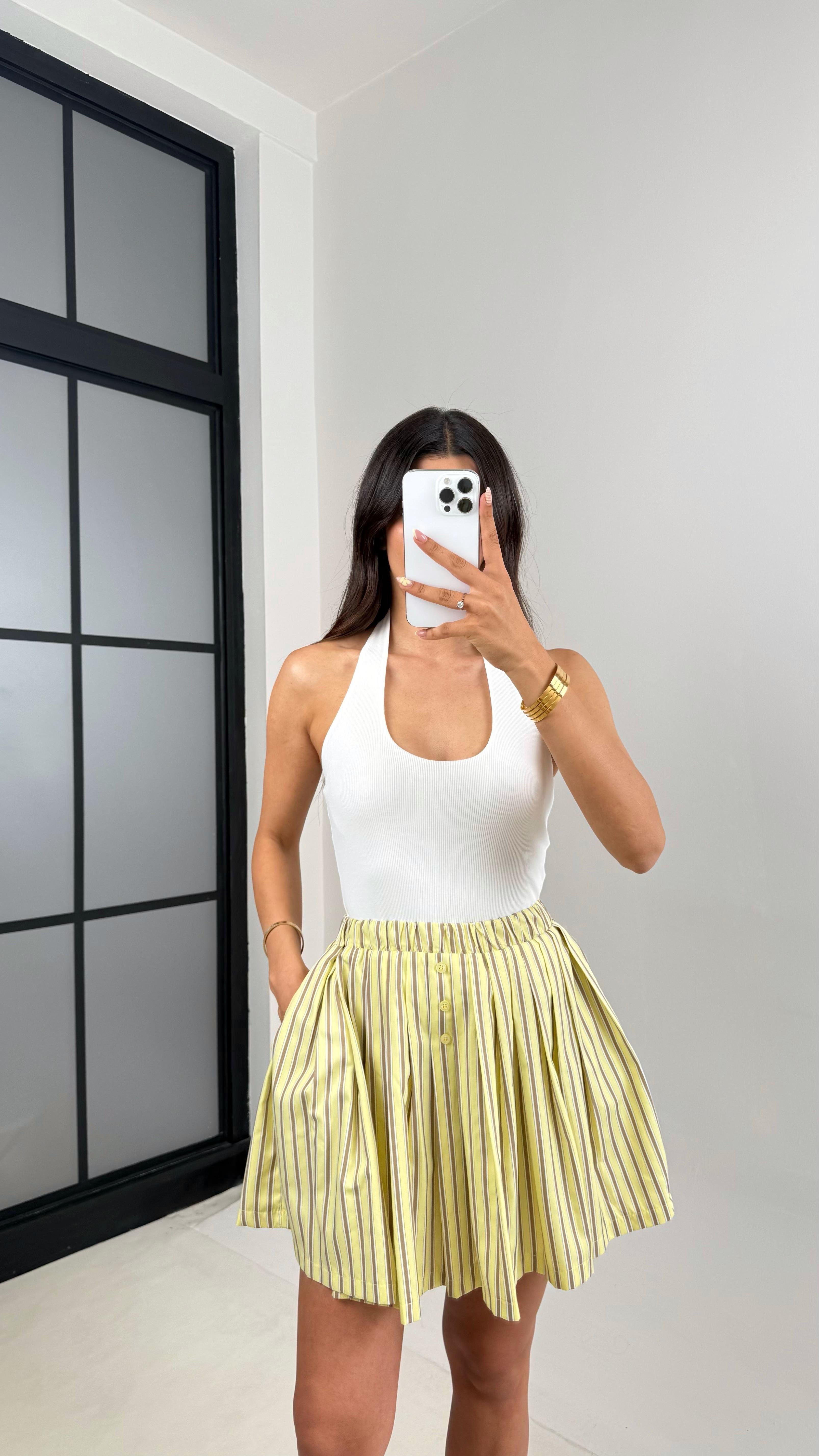 Sarı Vizon Şeritli Pileli Şort Etek Gaus00650GausETEKGU1002510