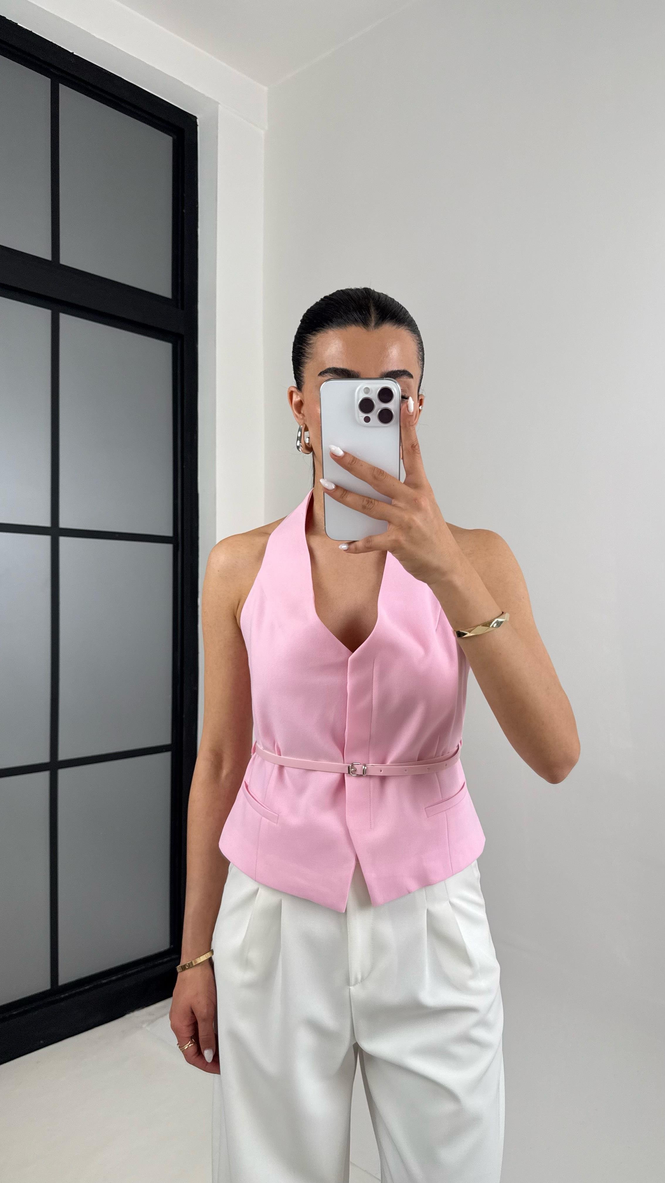 Pembe Önü Düğmeli Kemerli Tasarım Yelek Gaus00420GausYELEKGU1001984