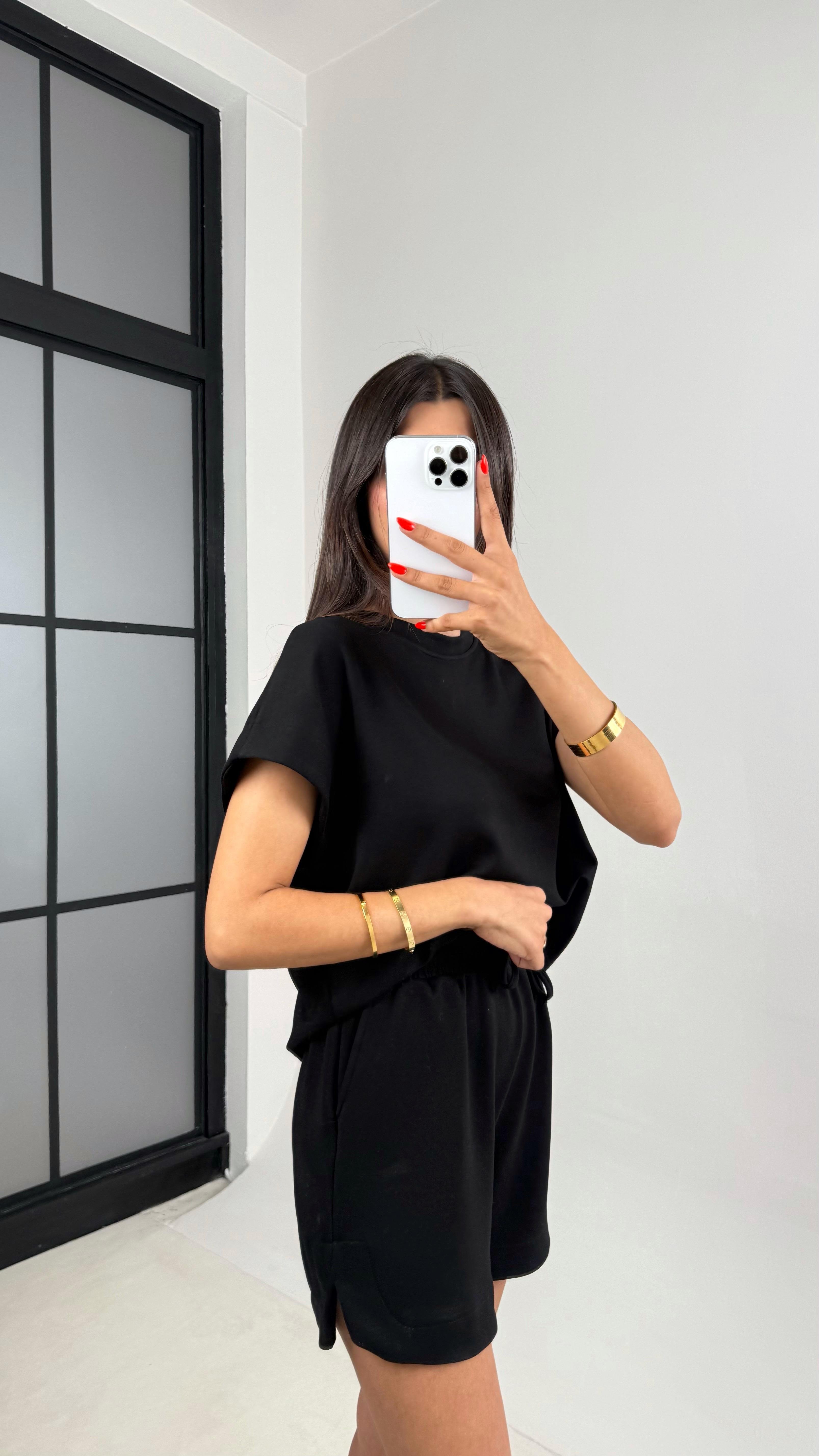 Siyah Tshirt Şort İkili Modal Kumaş Takım Gaus00691GausTAKIMGU1002600