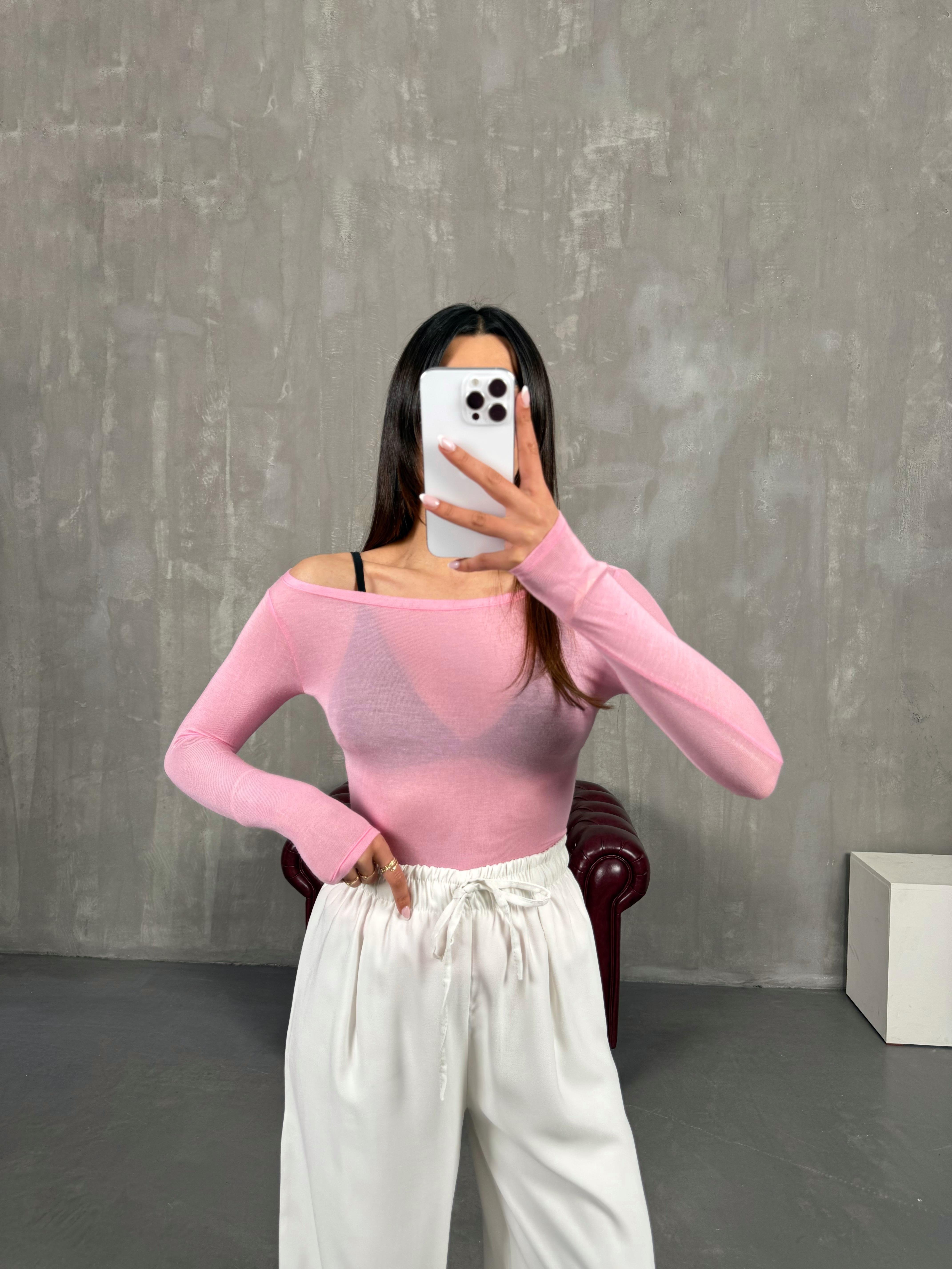 Pembe Transparan Kaşmir Dokulu Bluz Gaus00272GausBLUZGU1001632