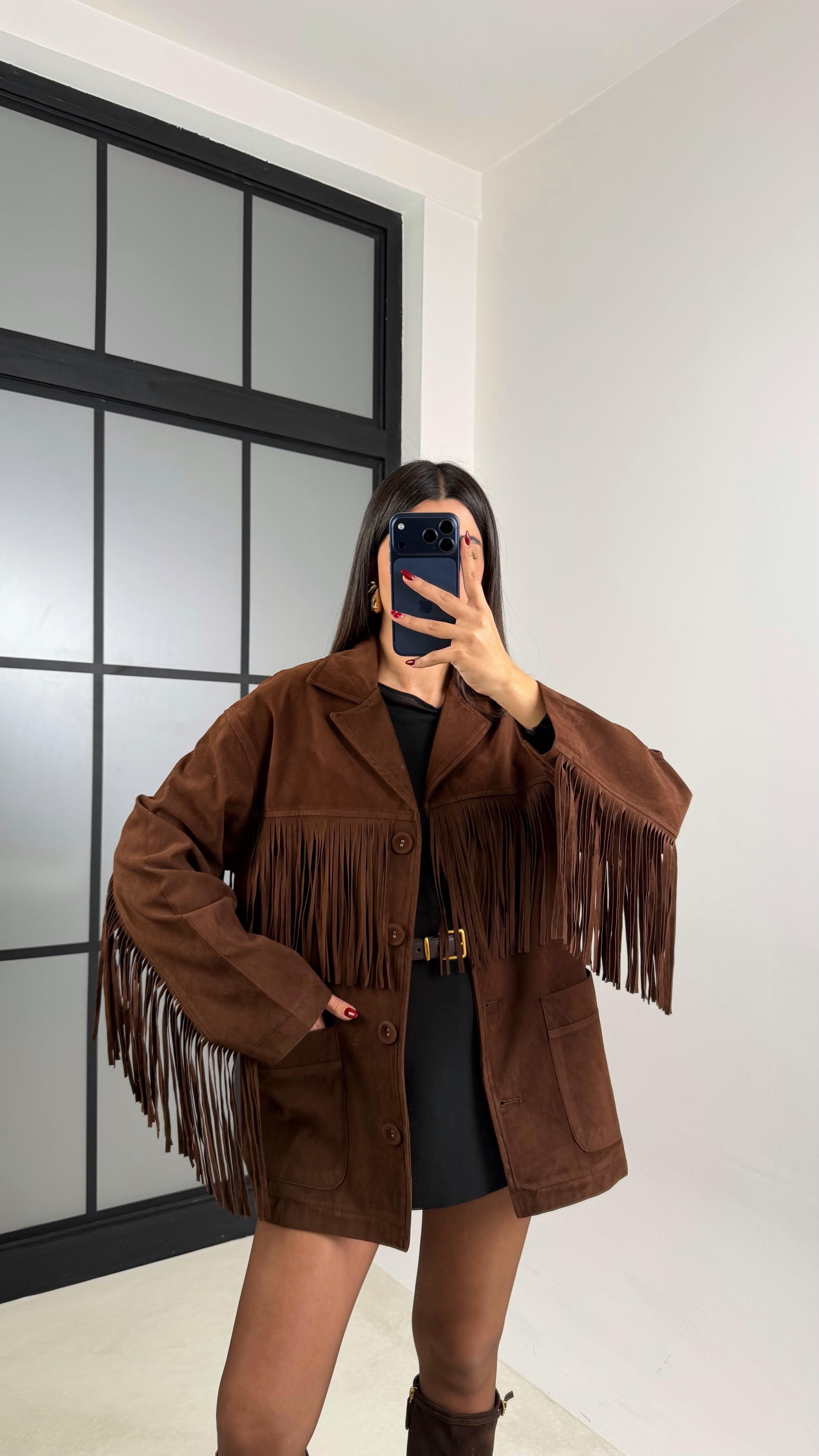 Acı Kahve Püskül Detaylı Astarlı Süet Ceket GAUS-00682GAUS السترات  GAUS-00682