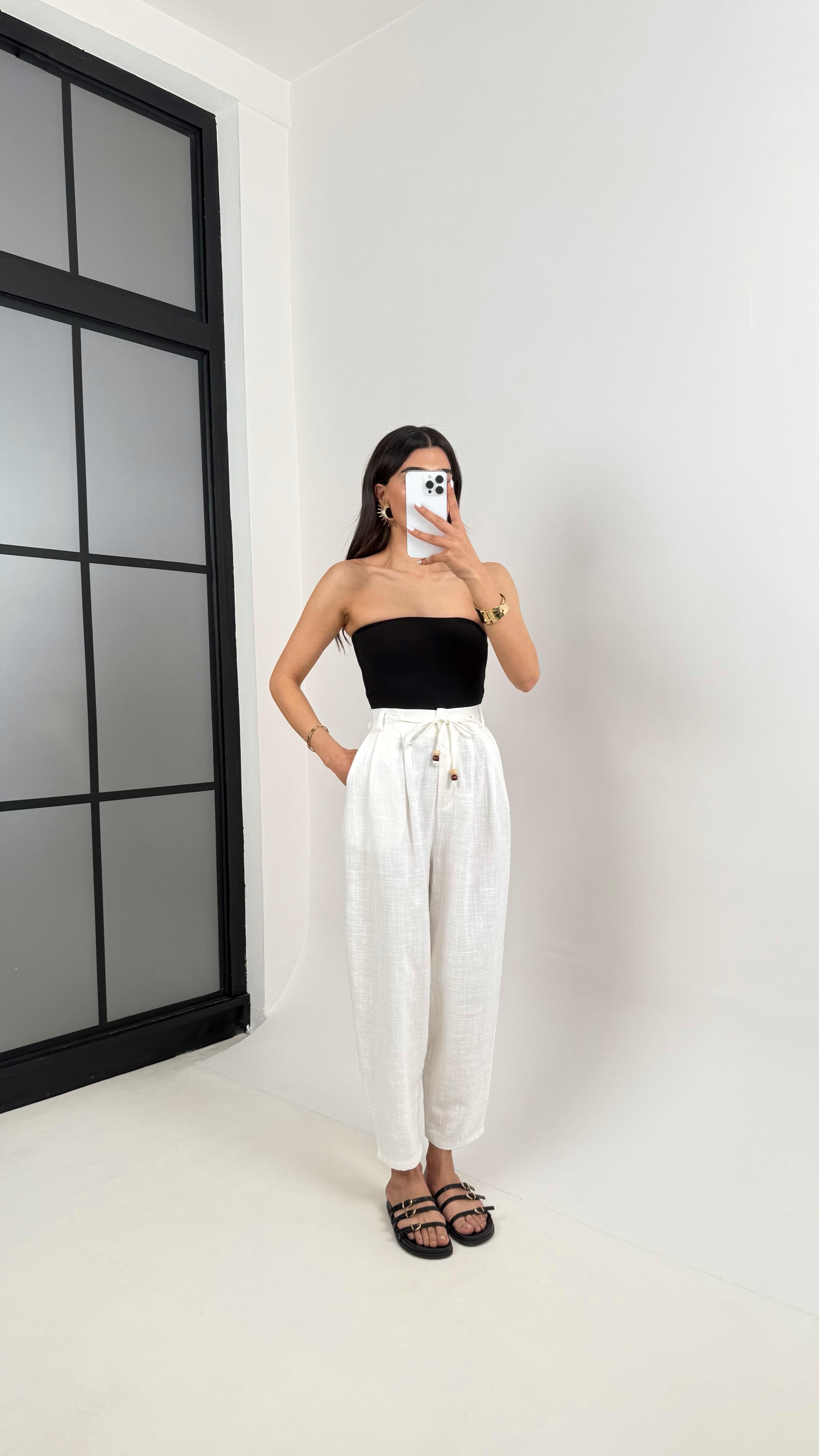 Beyaz Cepli Kuşaklı Balon Keten Pantolon Gaus00383GausPANTOLONGU1001894