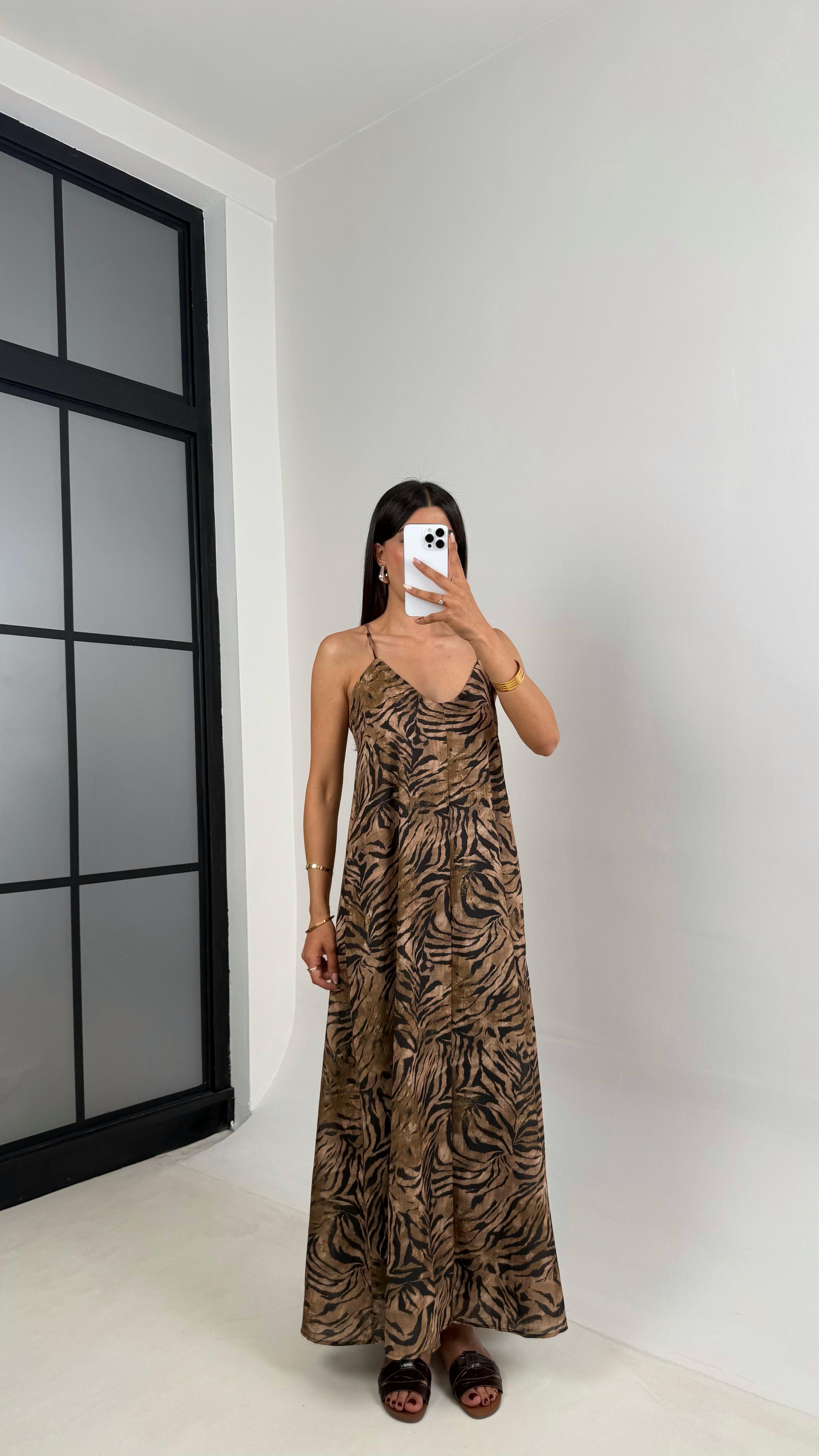 Muadil Desenli Ayarlanabilir Askılı Astarlı Cepli Elbise Gaus00662GausELBİSEGU1002531