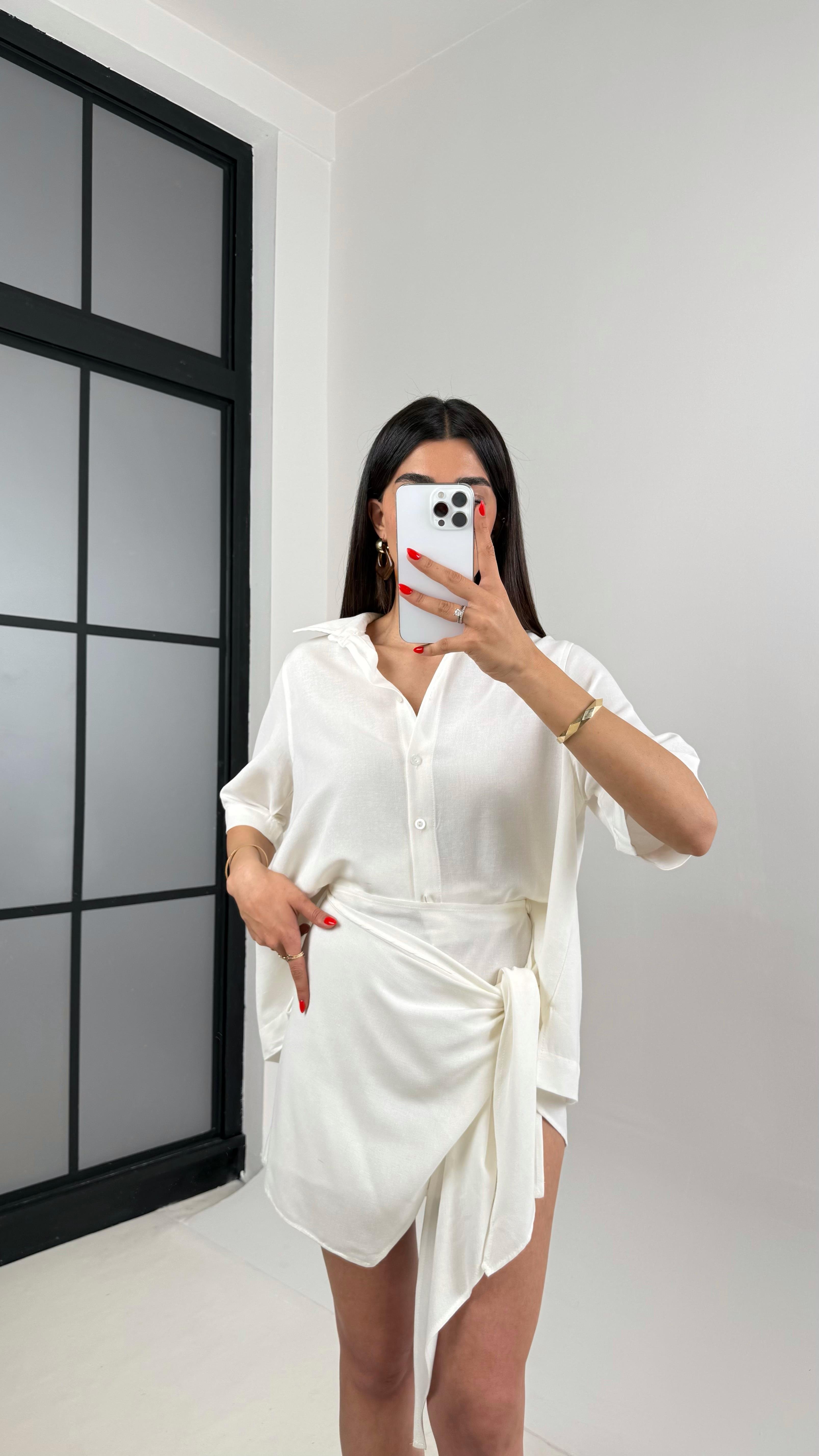 Beyaz Önü Düğmeli Gömlek Beli Bağlama Detaylı Etek Keten Takım Gaus00459GausTAKIMGU1002069