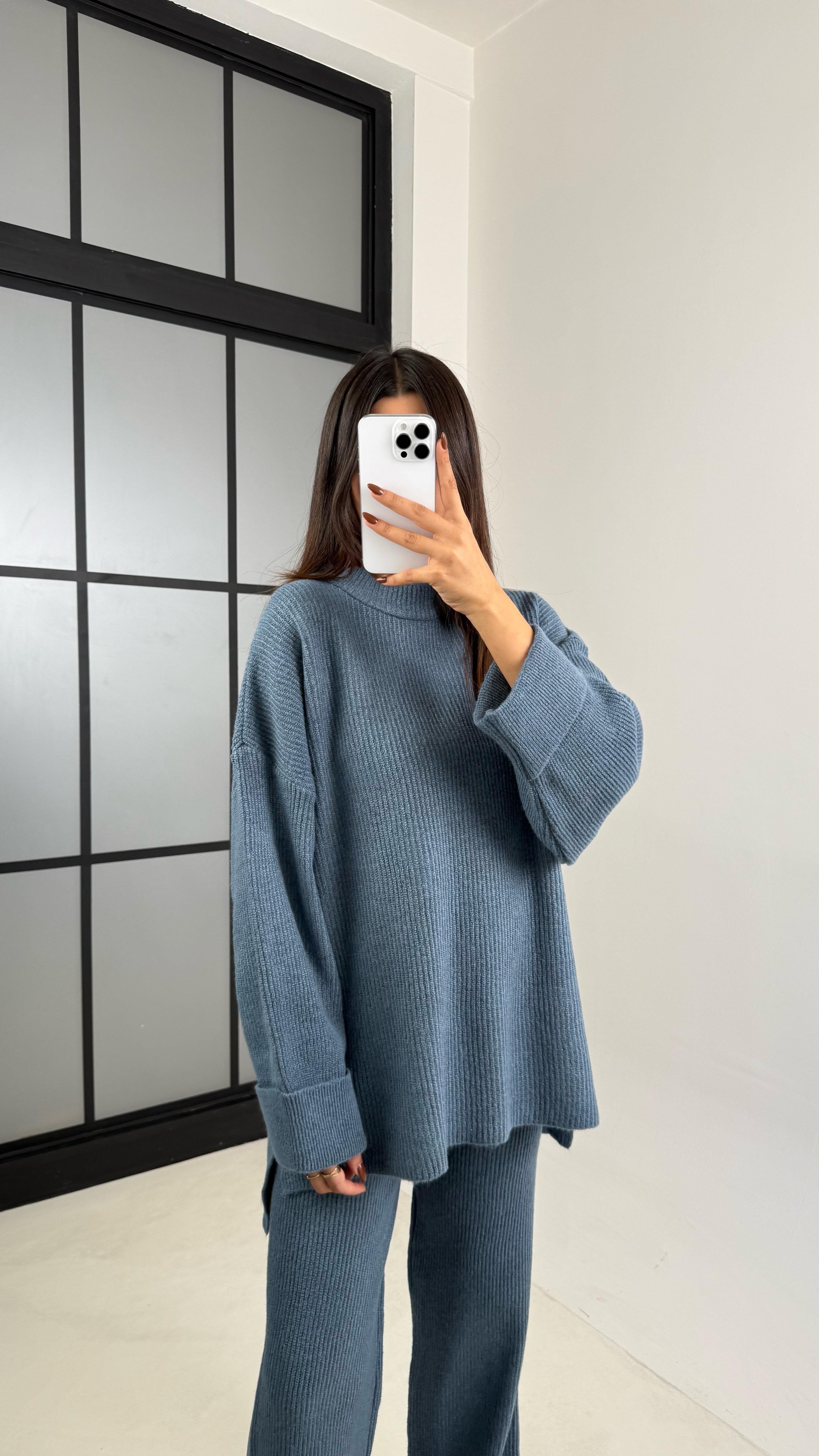 Mavi Duble Kol Kazak Beli Lastikli Pantolon Triko Takım GAUS-00200GAUSTAKIMGAUS-00200