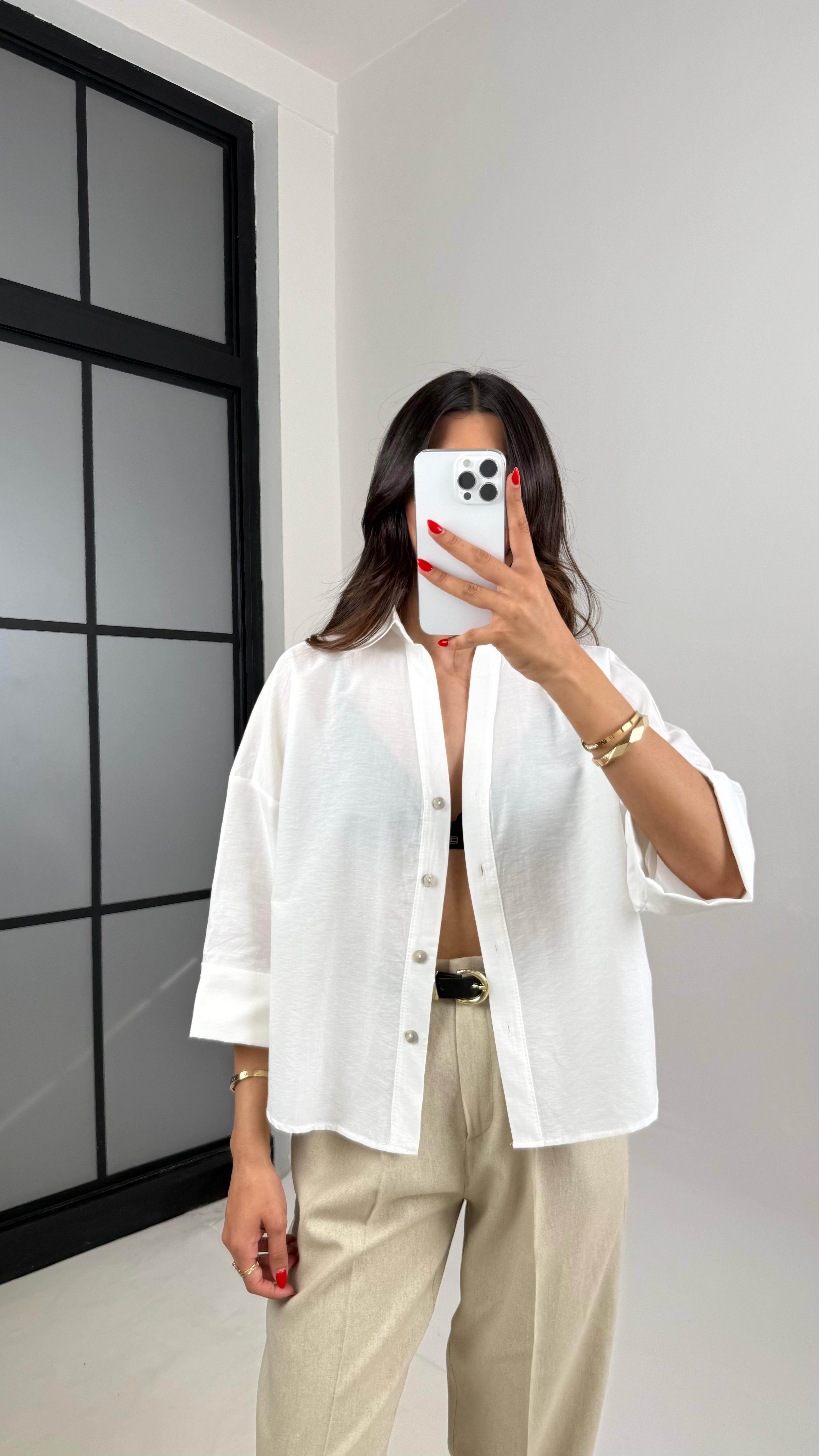 Beyaz Kol Katlamalı Tencel Gömlek Gaus00512GausGÖMLEKGU1002203