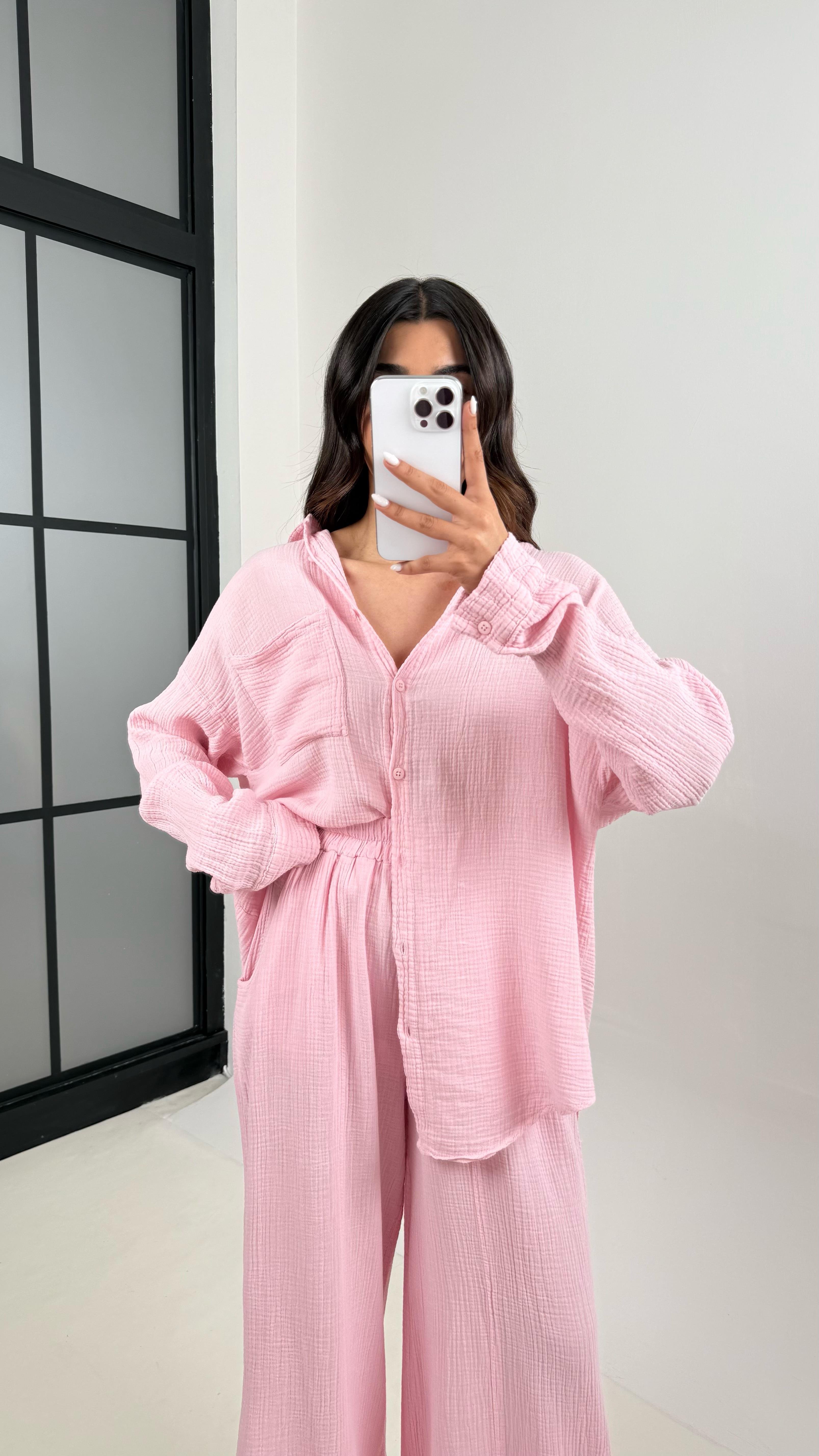 Pembe Önü Düğmeli Cepli Gömlek Beli Lastikli Pantolon Müslin Takım MSLN01 Gaus00385GausTAKIMGU1001897