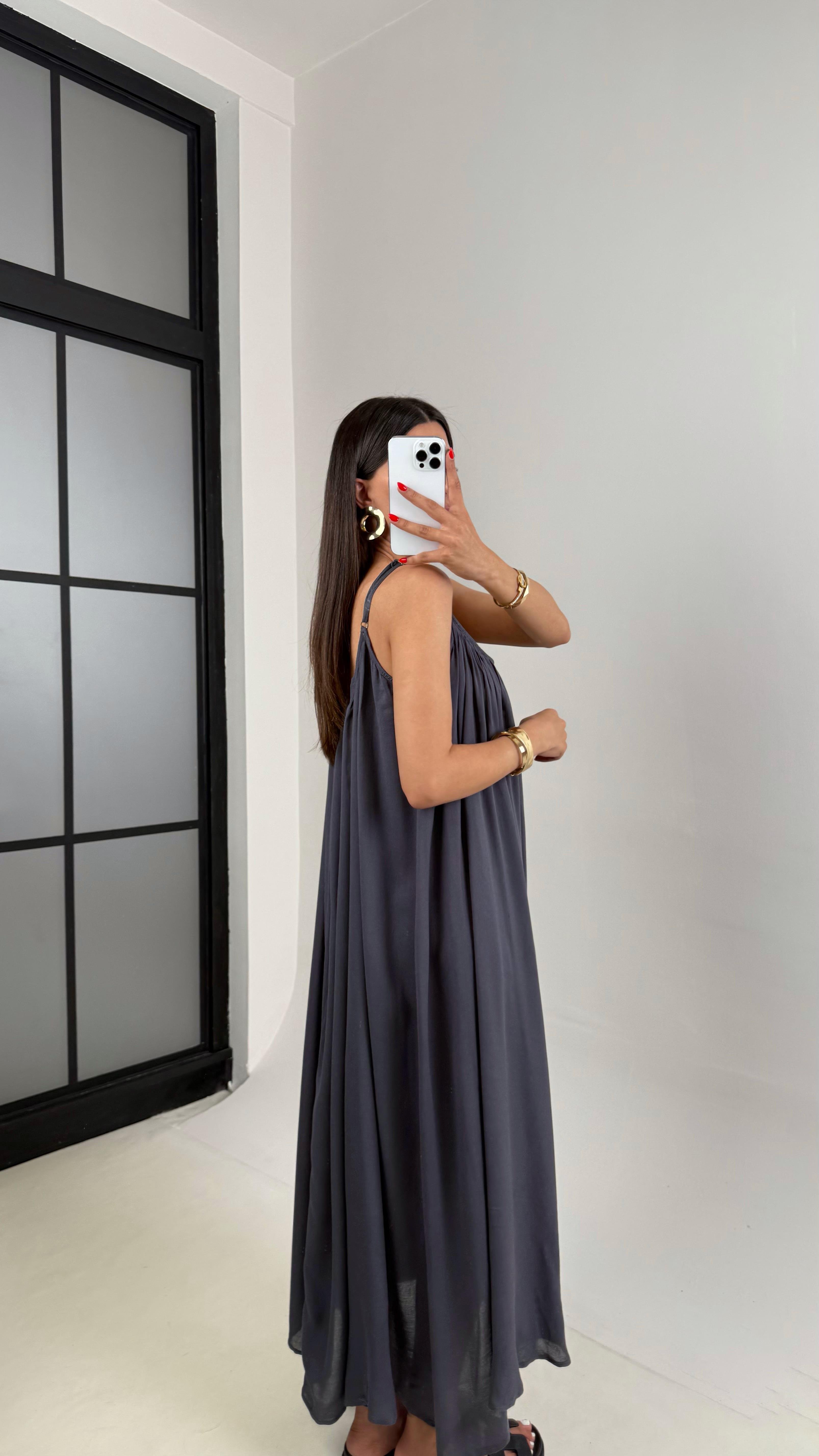 Antrasit Ayarlanabilir Askılı MD Muadil Astarlı Keten Elbise Gaus00474GausELBİSEGU1002109