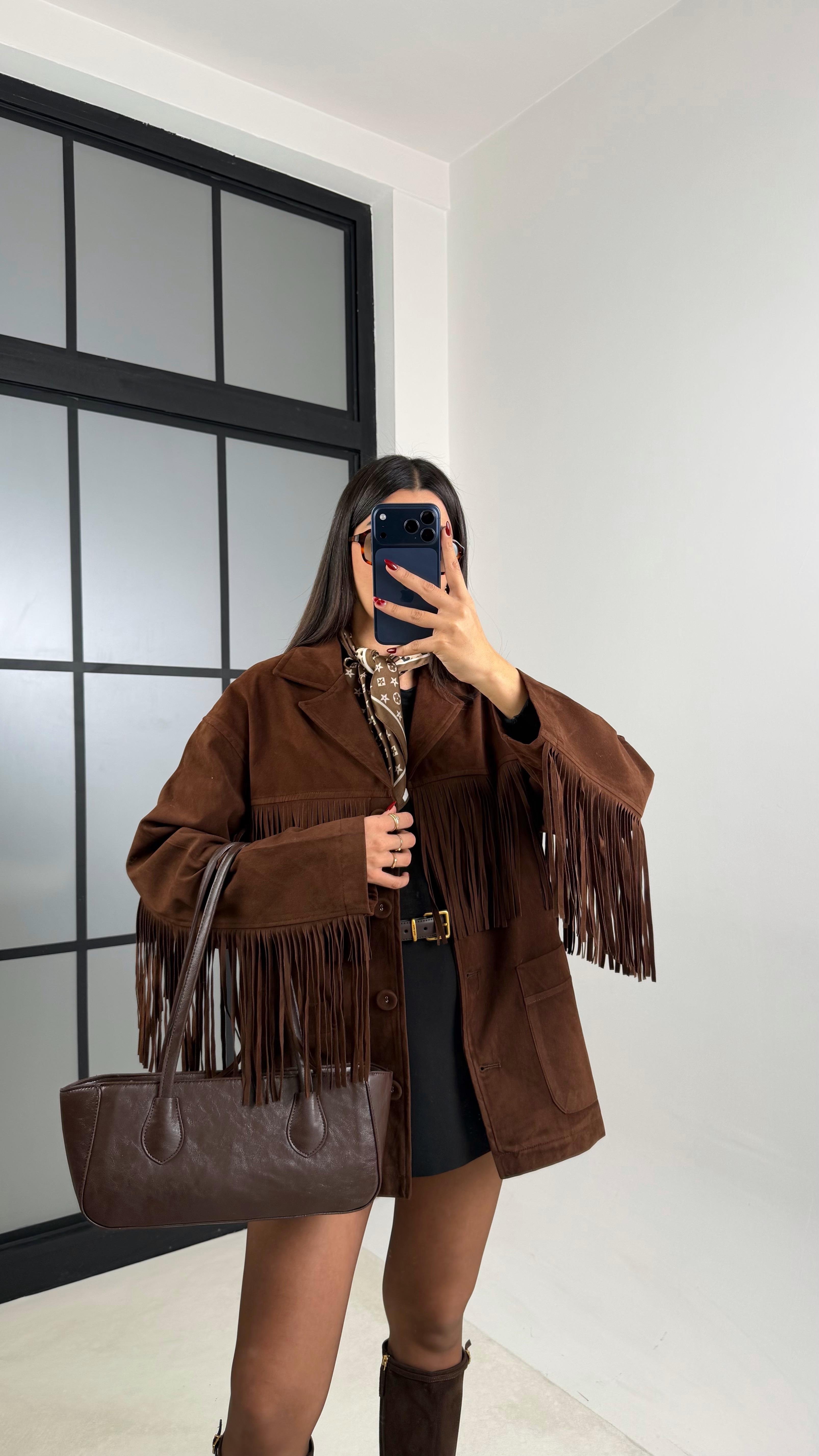 Acı Kahve Püskül Detaylı Astarlı Süet Ceket GAUS-00682GAUS السترات  GAUS-00682