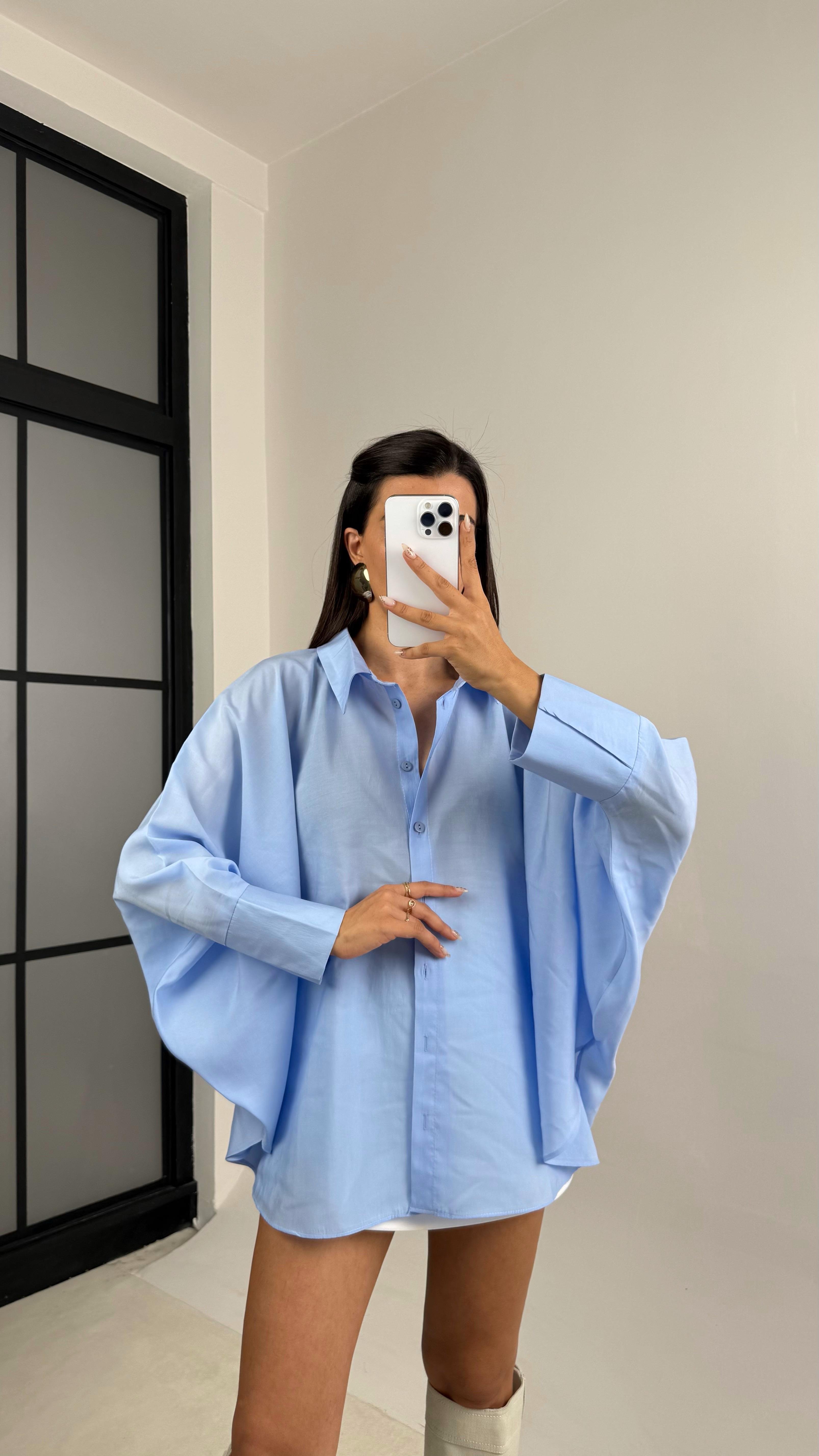 Mavi Yarasa Kol Oversize Tencel Gömlek GAUS-00117GAUS القمصان GAUS-00117
