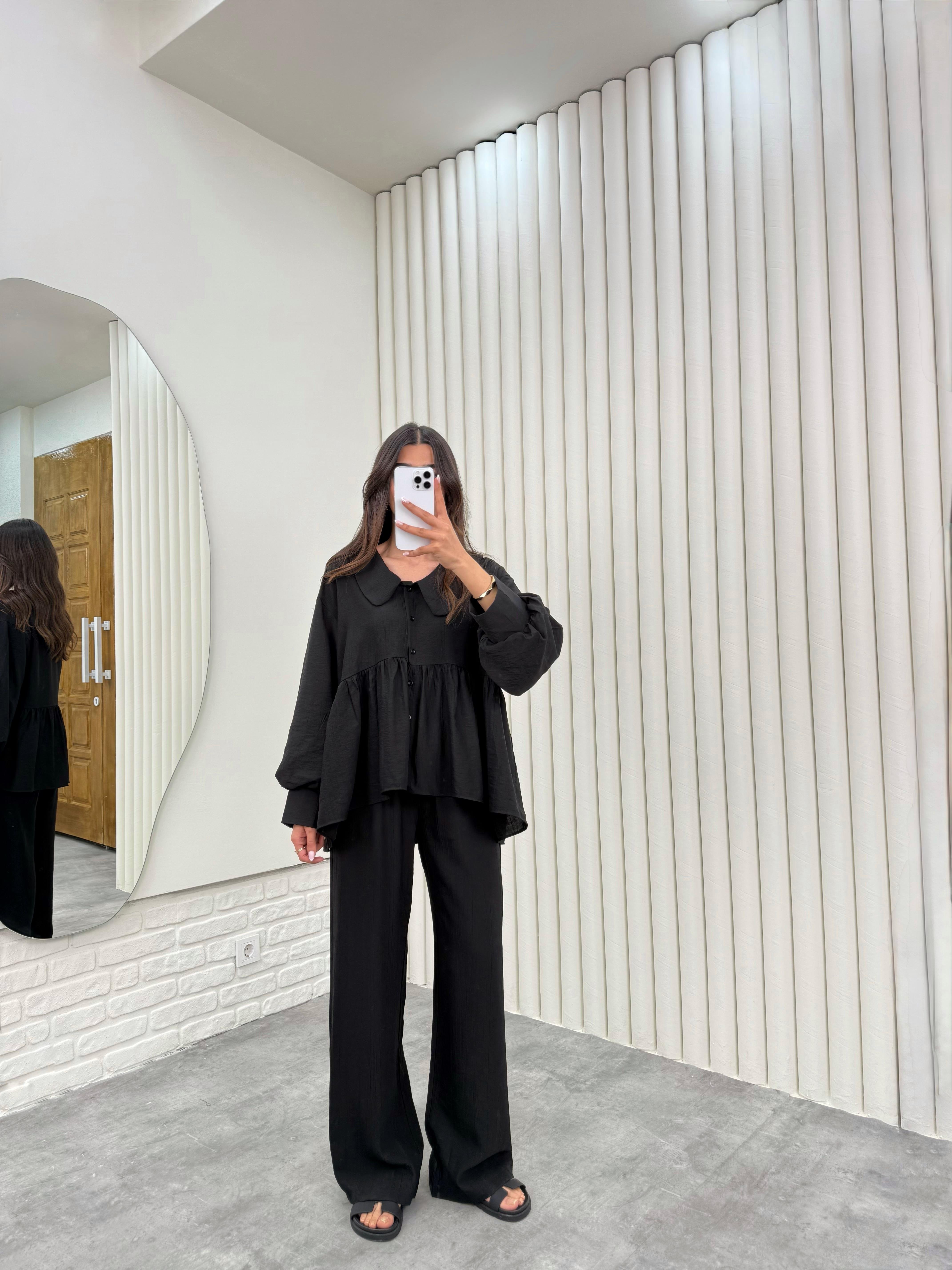 Siyah Bağlamalı Bebe Yaka Üst Beli Lastikli Cepli Pantolon İthal Kumaş Takım Gaus00292GausTAKIMGU1001676