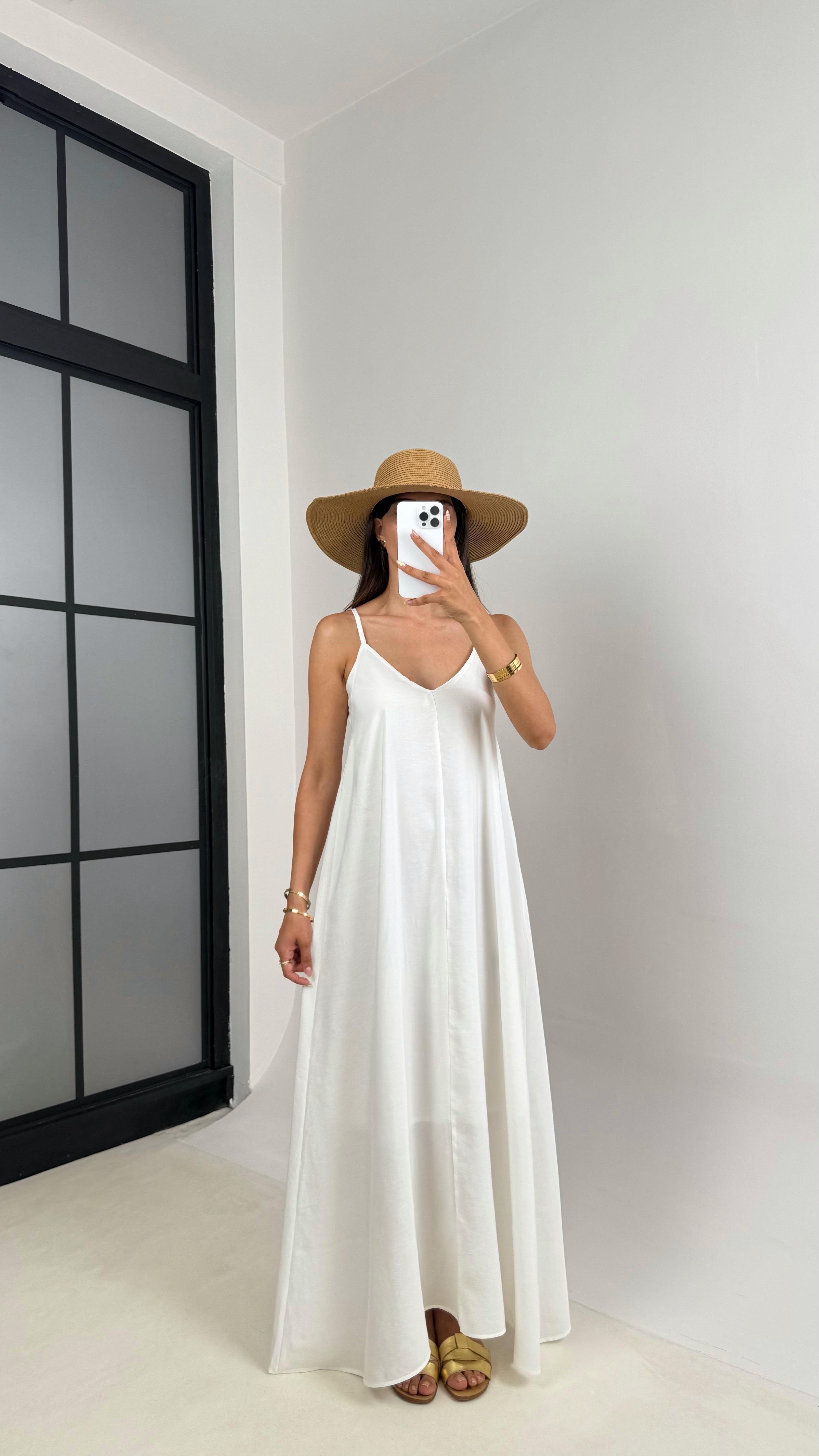 Beyaz Ayarlanabilir Askılı Astarlı Tencel Elbise Gaus00690GausELBİSEGU1002592