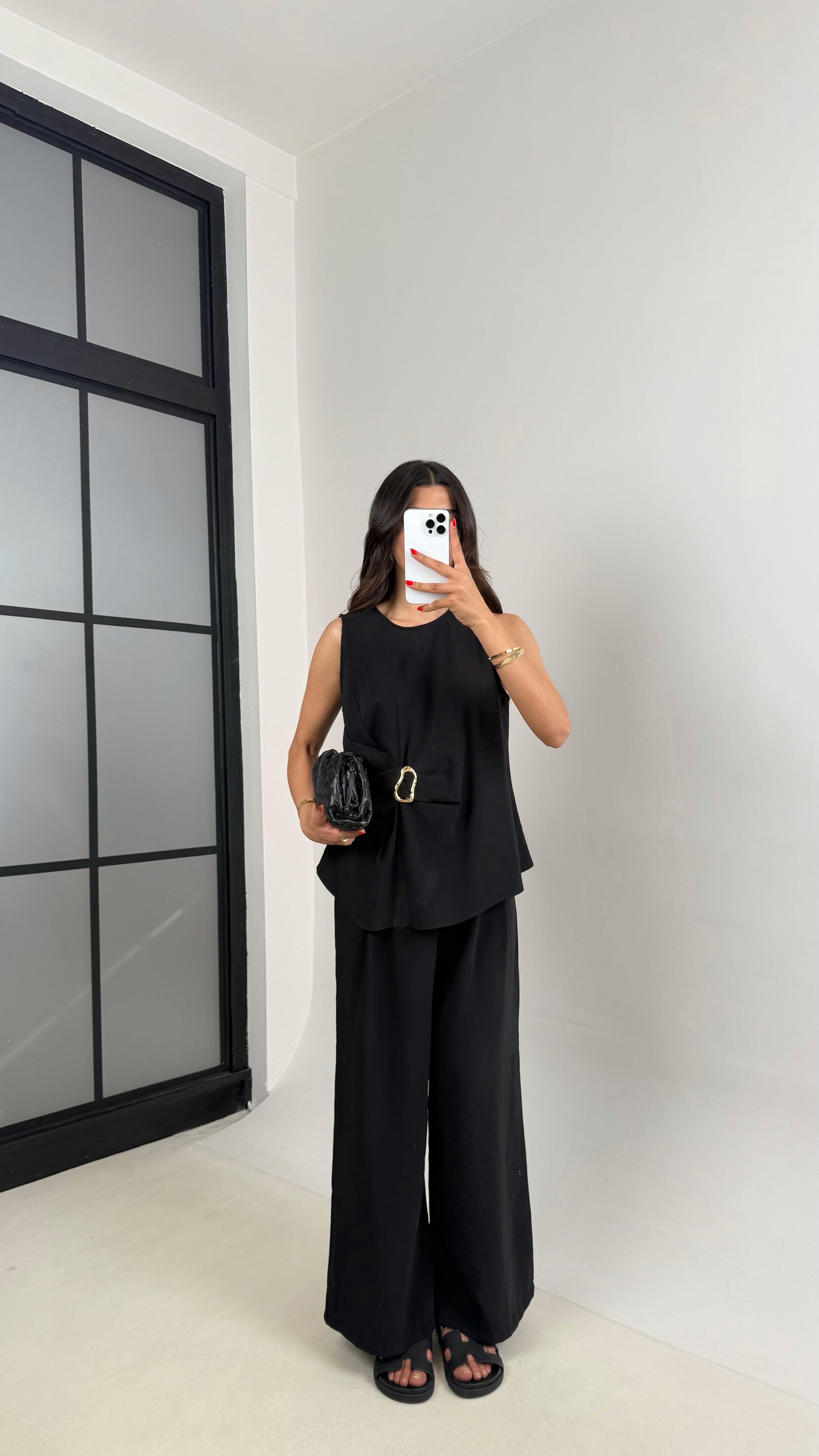 Siyah Gold Detaylı Bluz Balon Pantolon İkili Tencel Takım Gaus00510GausTAKIMGU1002197