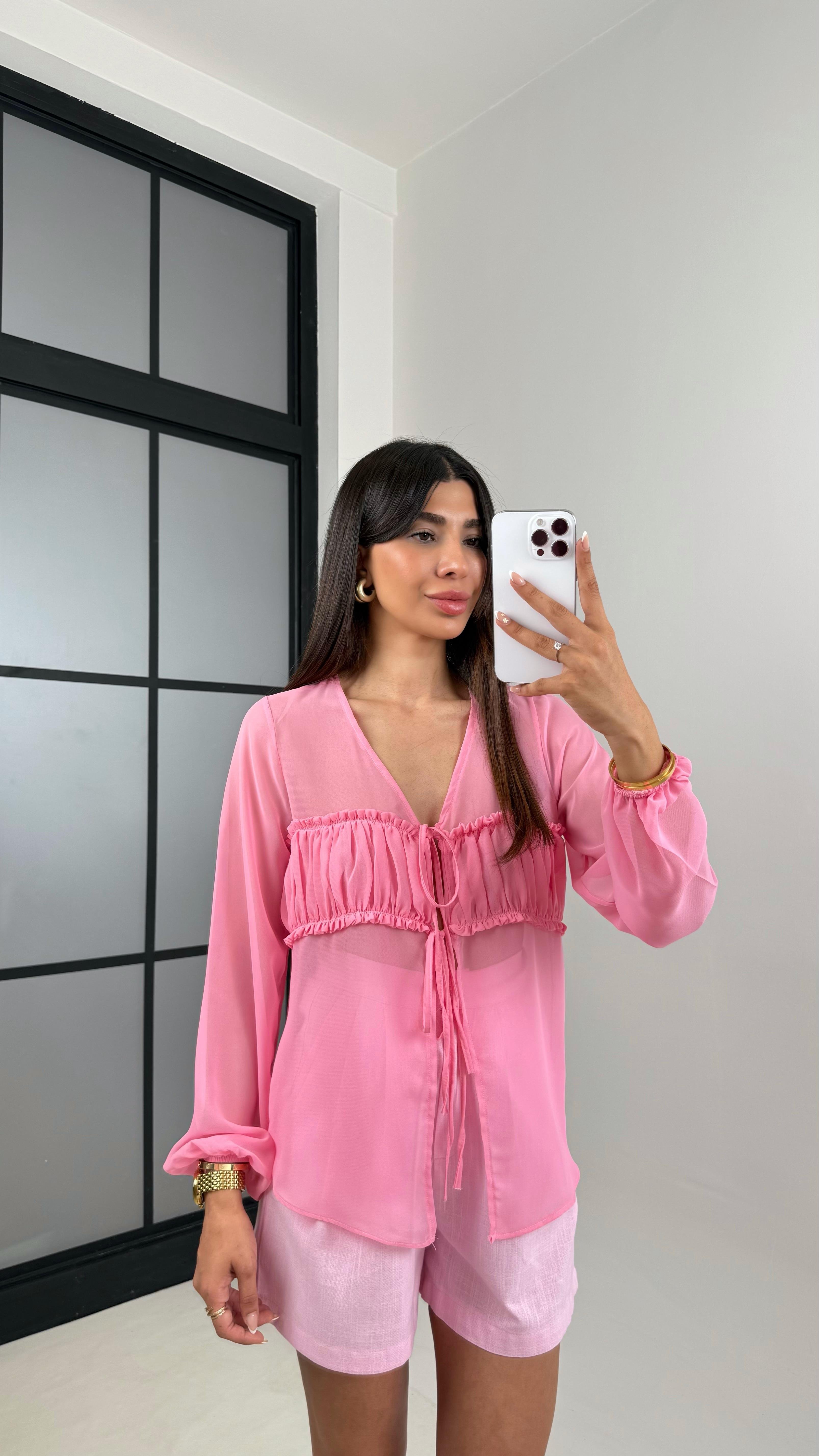 Pembe Önü Bağlamalı Transparan Gömlek Keten Şort Takım Gaus00615GausTAKIMGU1002436