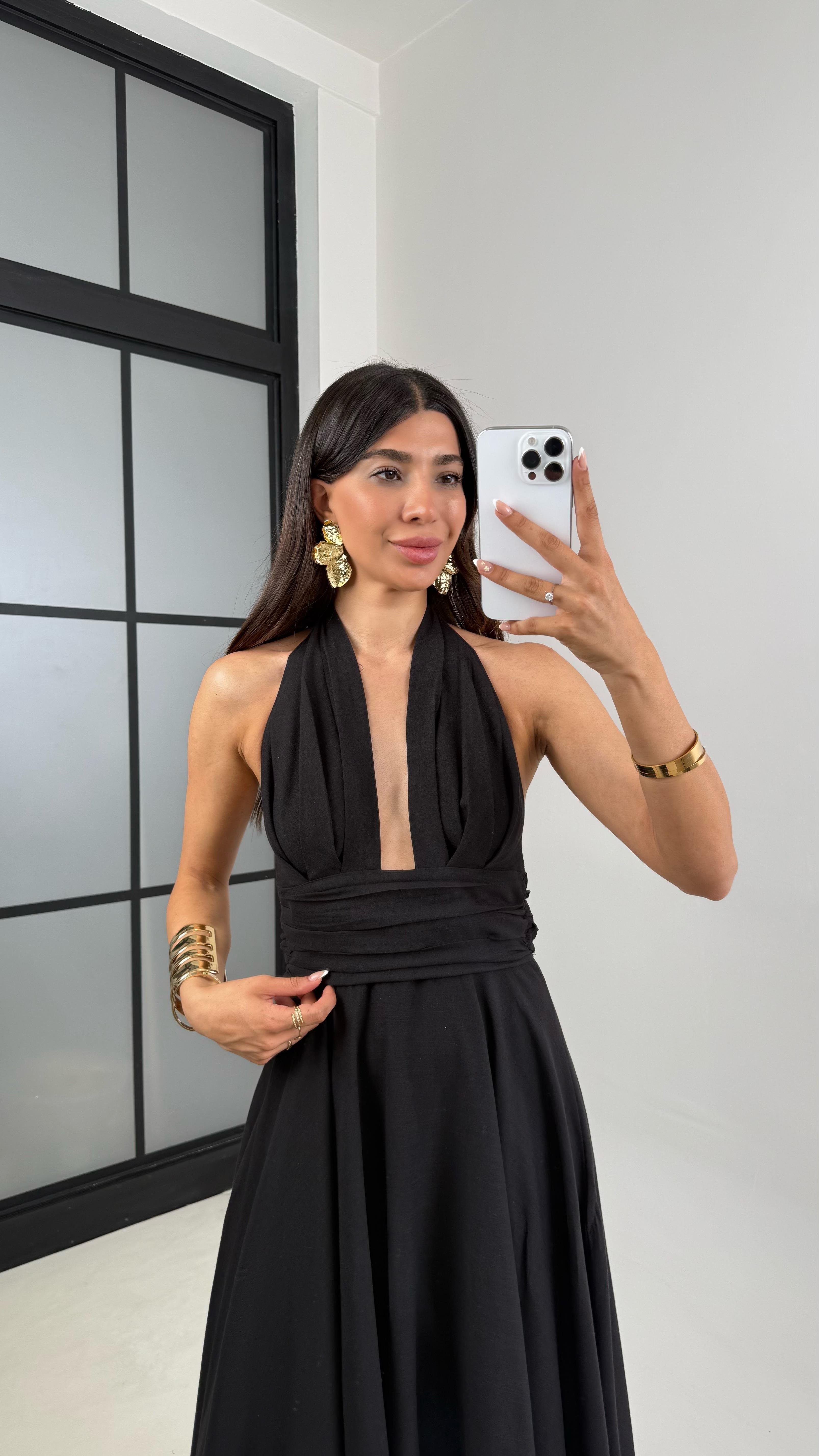 Siyah Boyundan Bağlamalı Astarlı Keten Elbise Gaus00627GausELBİSEGU1002466