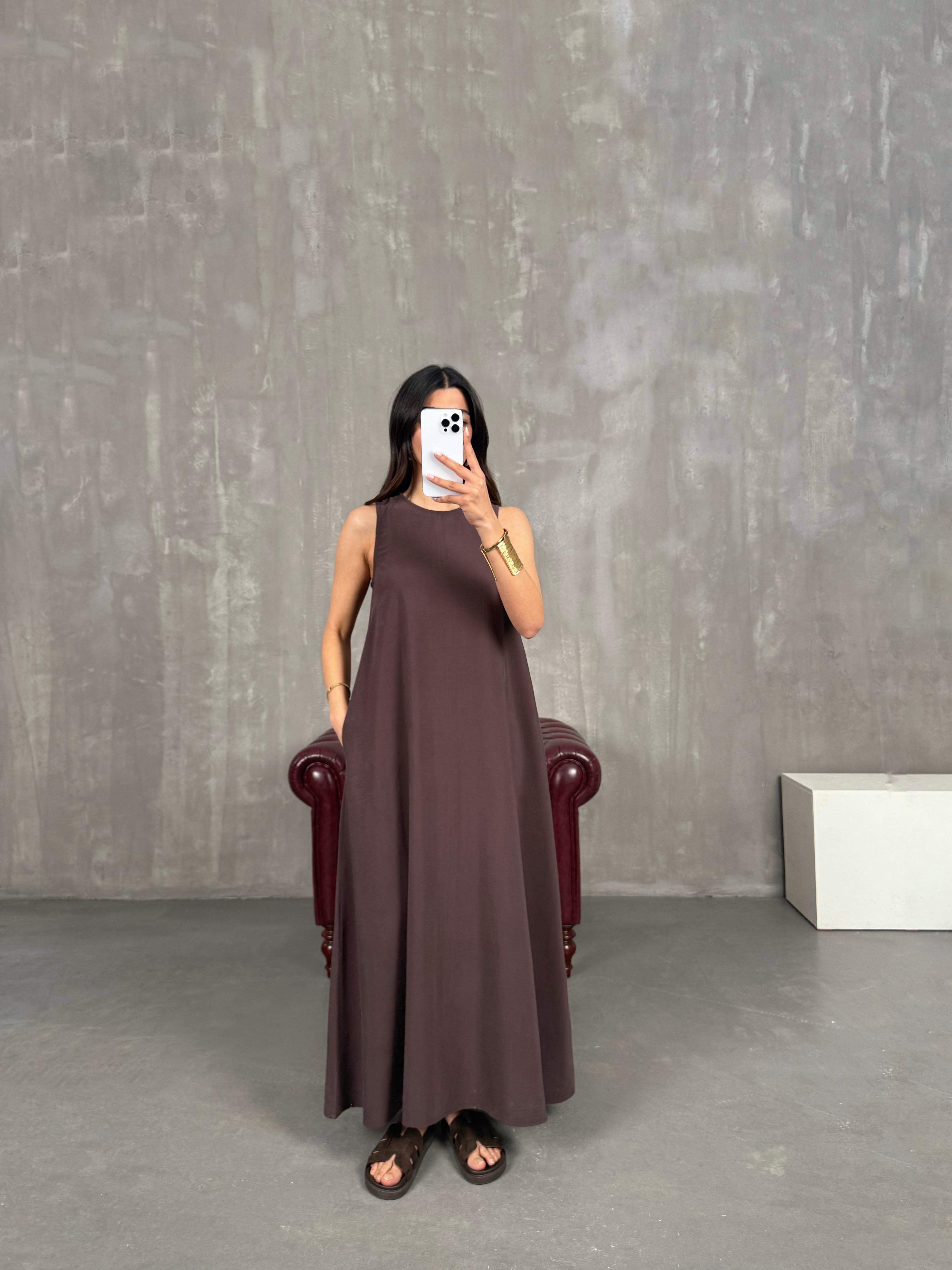 Kahve Cepli Tensel Kumaş Elbise Gaus00263GausELBİSEGU1001607