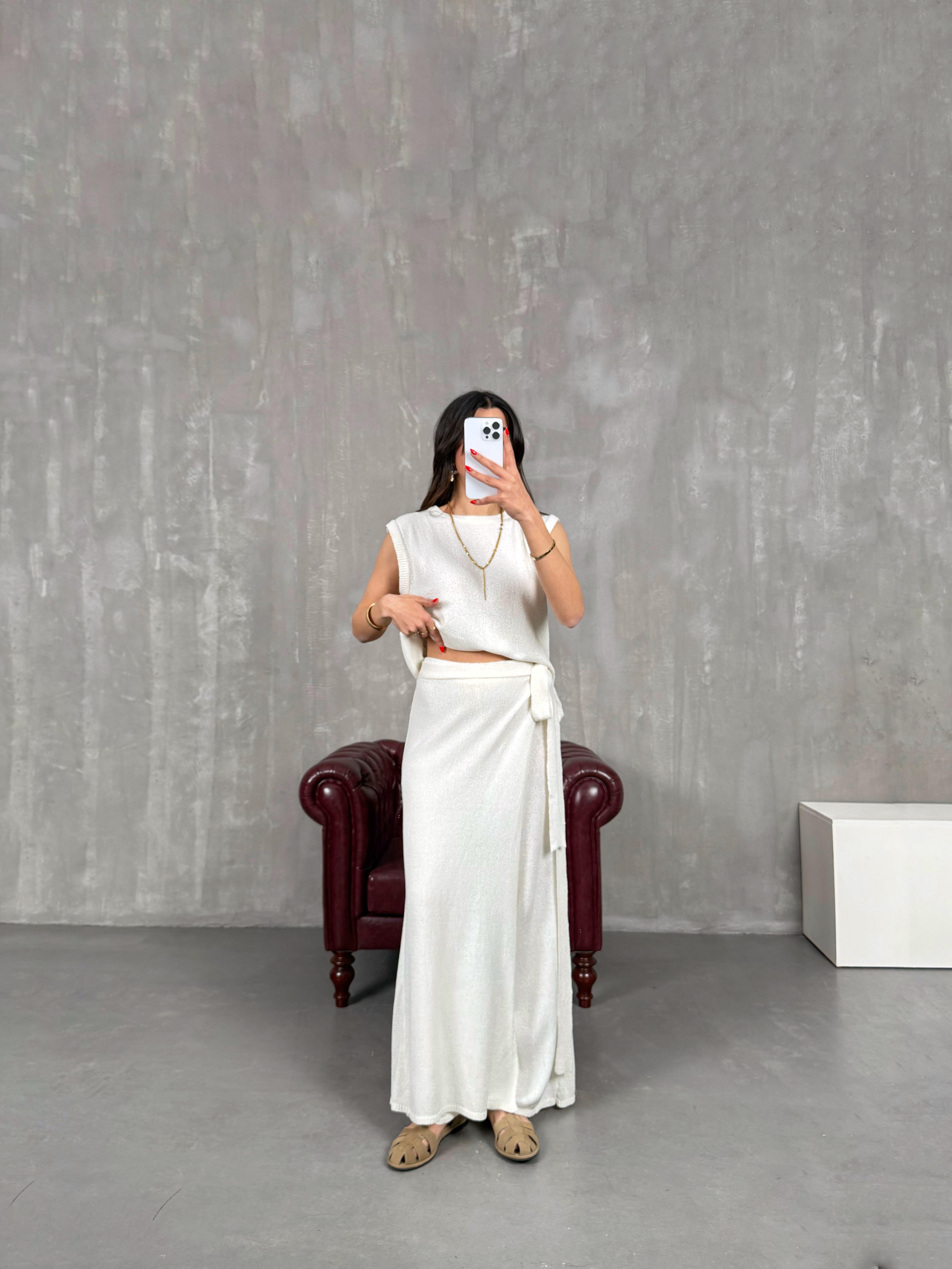 Krem Etekli Pantolon Sıfır Kol Triko Takım Gaus00174GausTAKIMGU1001402