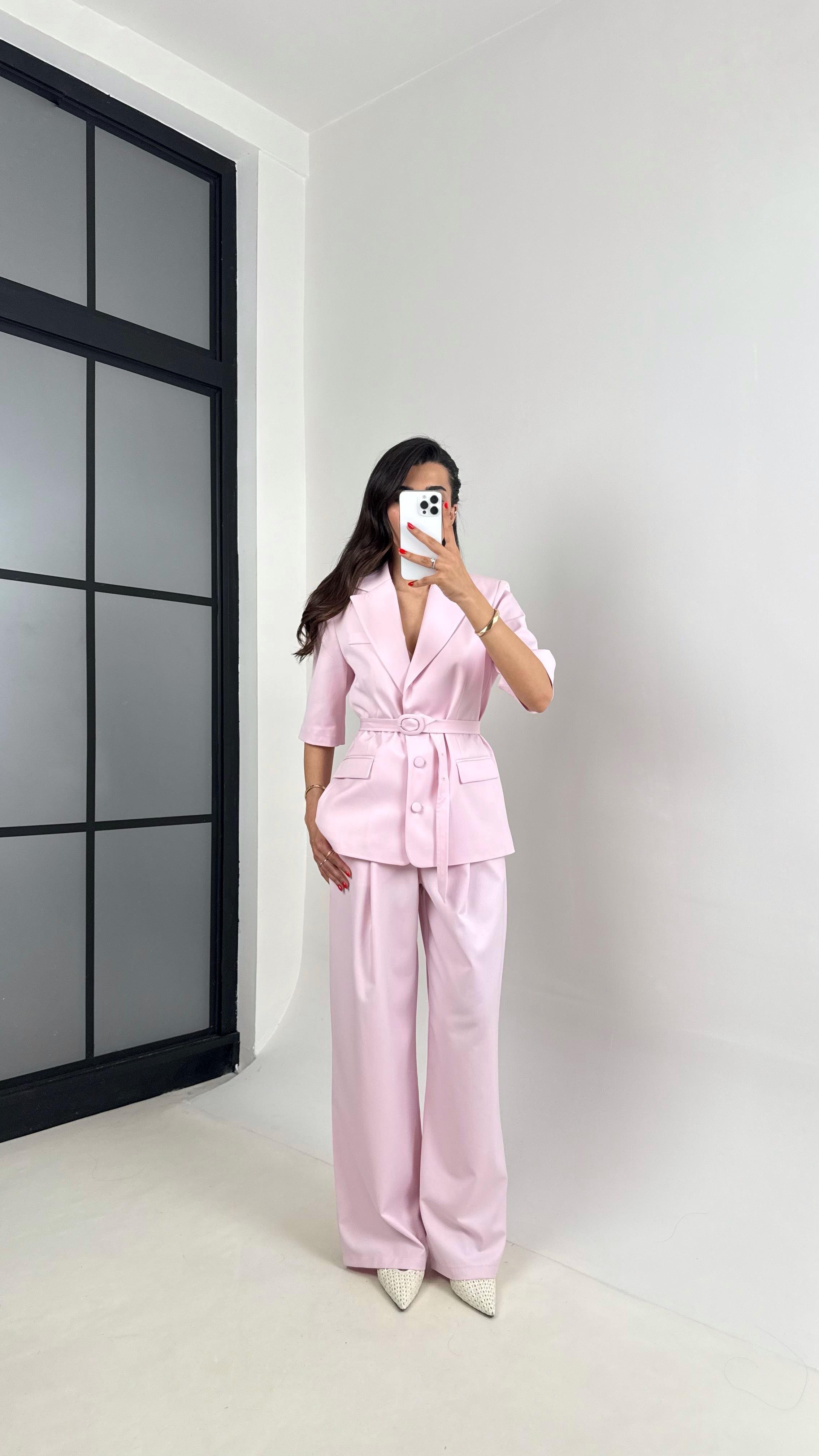 Pembe Yarım Kol Astarlı Vatkalı Kemerli Ceket Pantolon İkili Premium Takım Gaus00453GausTAKIMGU1002059