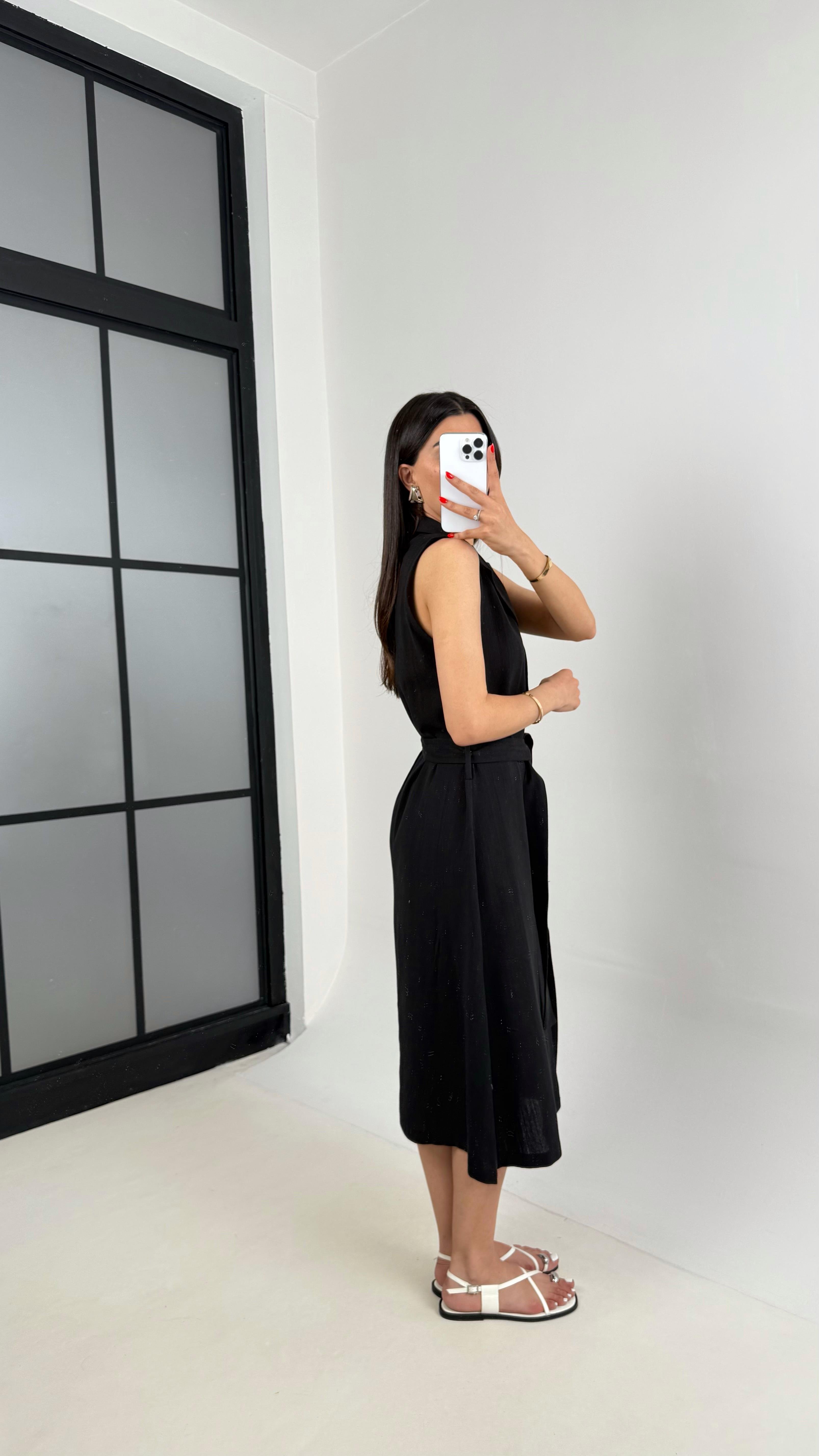 Siyah V Yaka Önü Düğmeli Kuşaklı Keten Elbise Gaus00461 GausELBİSEGU1002075