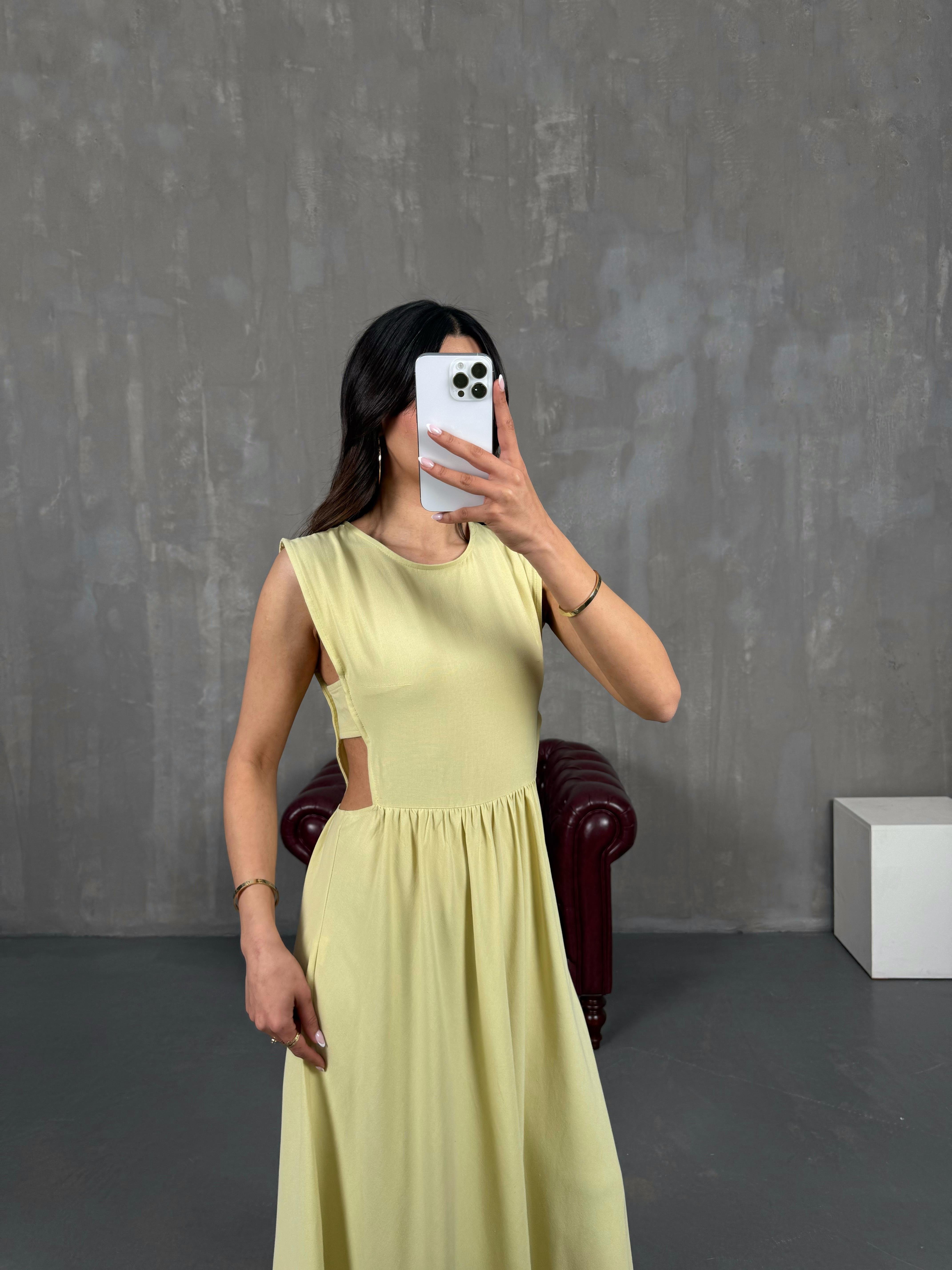 Sarı Yan Dekolteli Keten Elbise Gaus00255GausELBİSEGU1001594