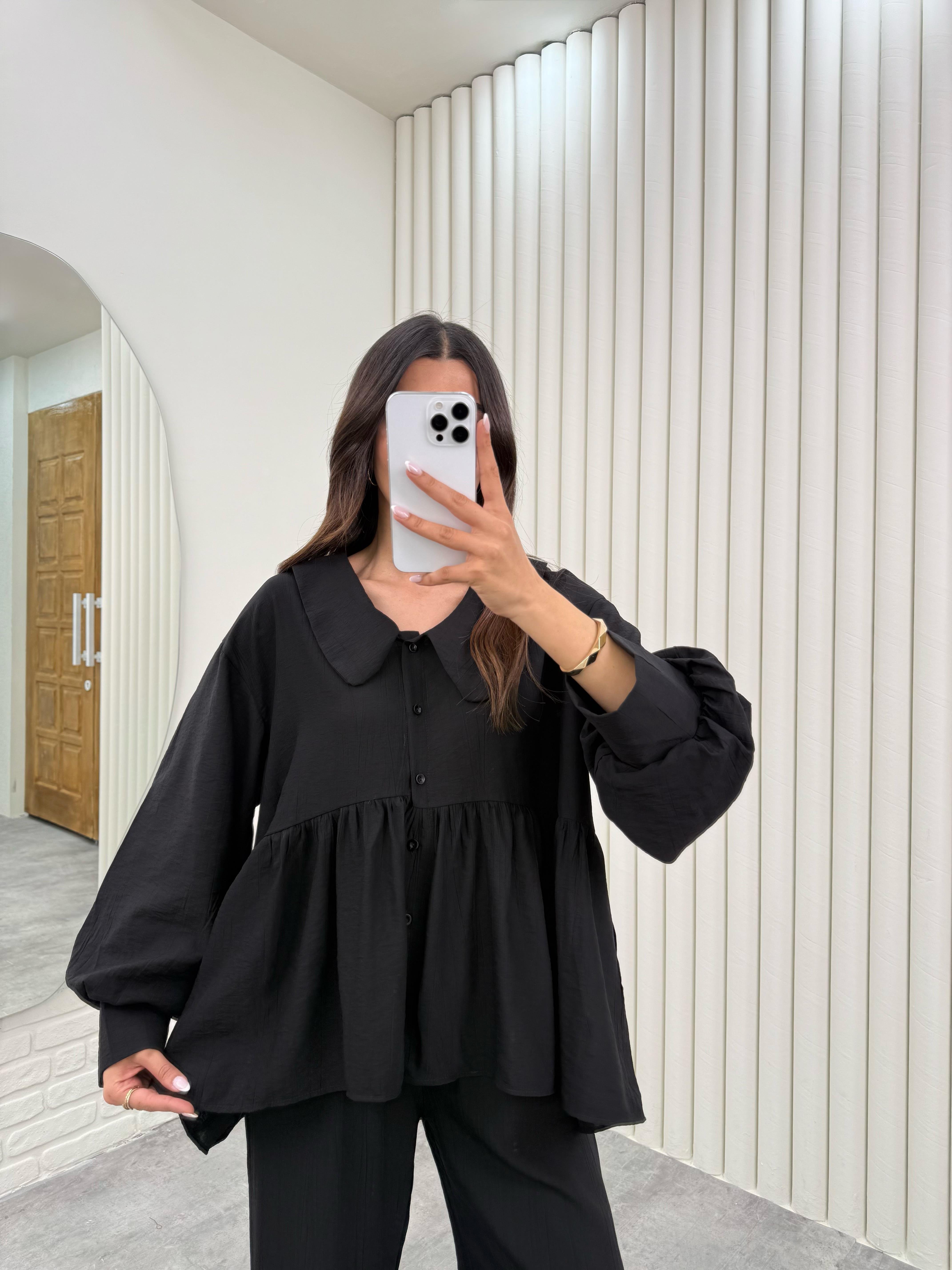 Siyah Bağlamalı Bebe Yaka Üst Beli Lastikli Cepli Pantolon İthal Kumaş Takım Gaus00292GausTAKIMGU1001676