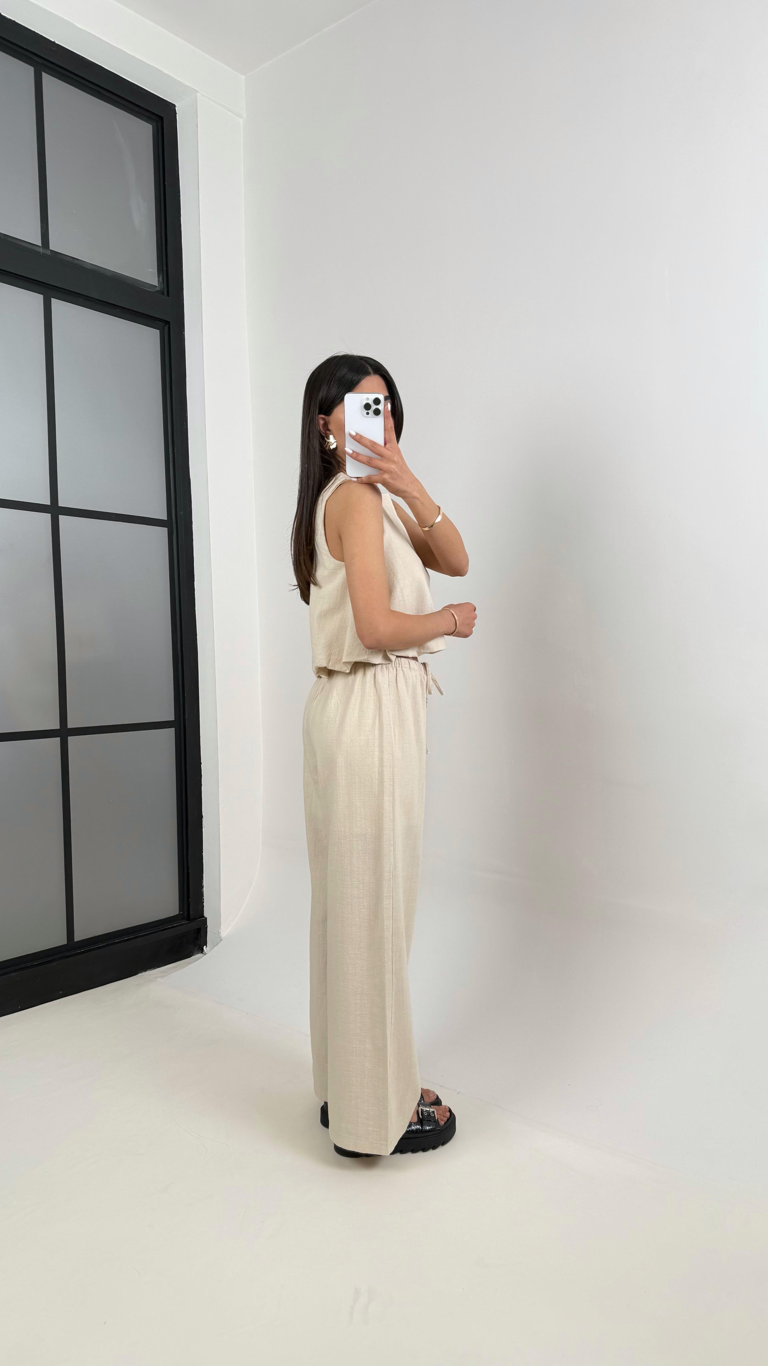 Taş Balon Üst Beli Lastikli Pantolon Astarlı Keten Takım Gaus00353GausTAKIMGU1001820